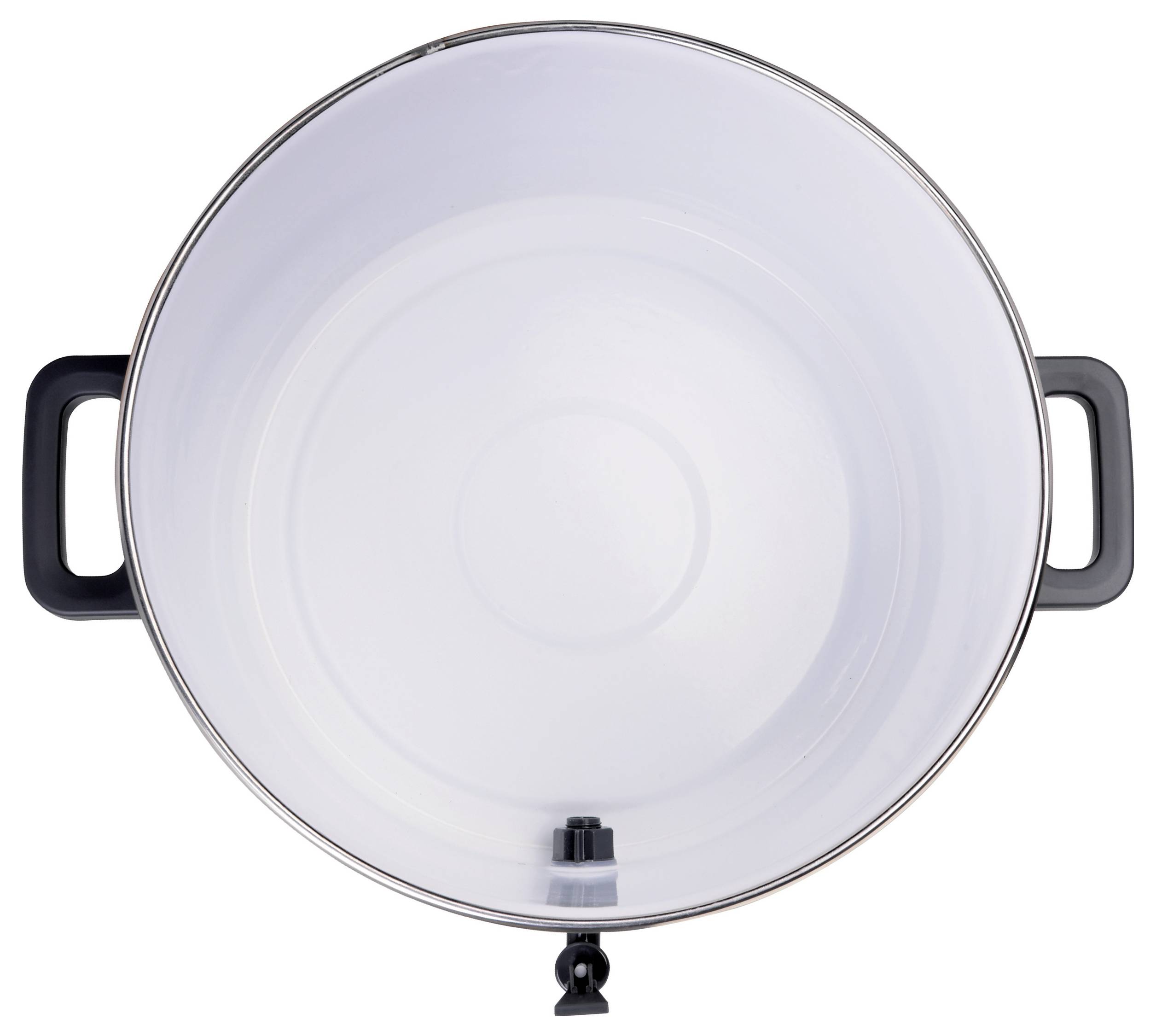 Draufsicht eines großen weißen Behälters mit schwarzen Griffen und einem Ausguss am unteren Ende, wahrscheinlich zum Ausgießen von Flüssigkeiten verwendet.