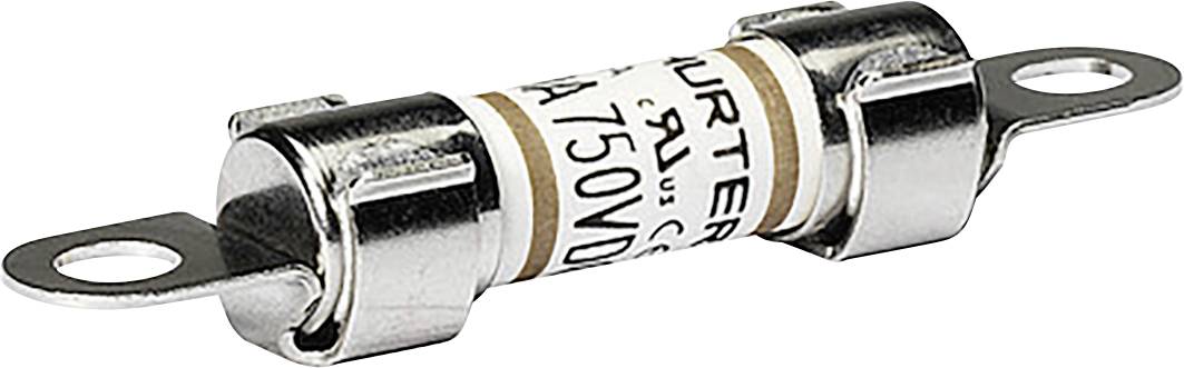 Eine zylindrische elektrische Sicherung mit Metallkappen an beiden Enden und einem beschrifteten Papierkörper, der '750V' anzeigt.