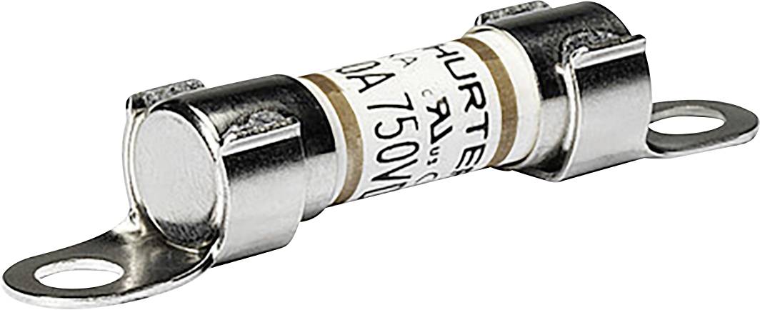 Eine zylindrische Metallfuse mit Befestigungsbügeln an beiden Enden, gekennzeichnet mit 750V DC.