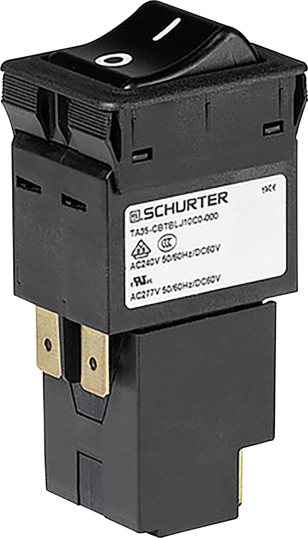 Ein schwarzer rechteckiger Wippschalter mit den Symbolen 'I' und 'O' zur Anzeige der Ein-/Aus-Einstellungen, versehen mit einem SCHURTER-Etikett mit Spezifikationen darunter.