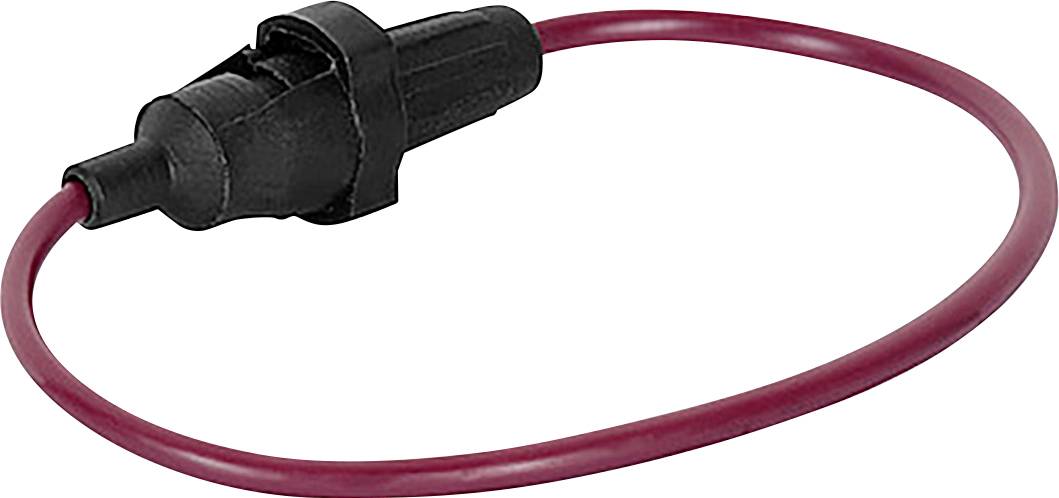 Ein roter Sicherungshalter mit einer angebrachten Sicherung wird gezeigt, der einen Draht mit Schlaufe aufweist.