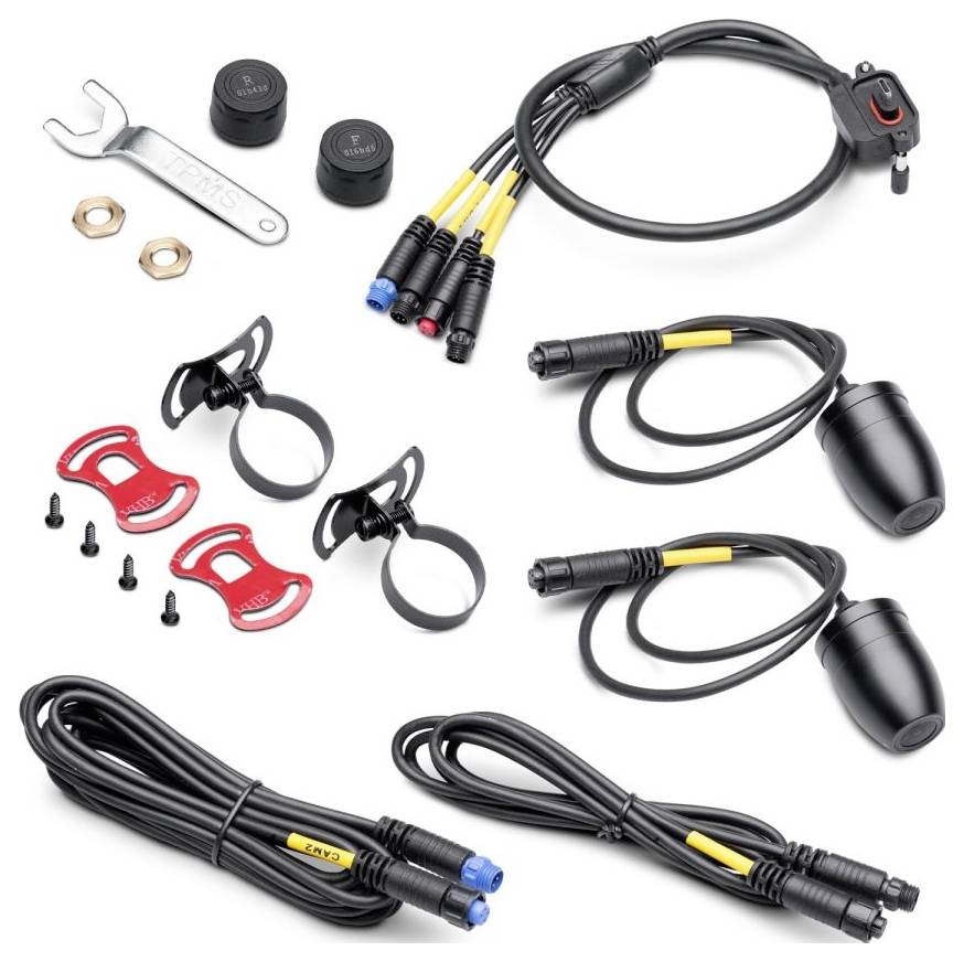 Motorrad-LED-Beleuchtungsset umfasst zwei schwarze Leuchten, Kabel, Befestigungshalterungen, Schrauben und einen Schraubenschlüssel, für eine einfache Installation konzipiert.