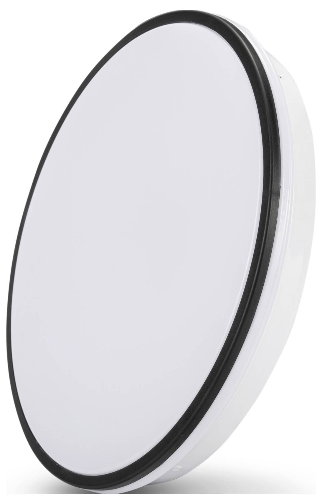 Eine kreisrunde weiße Deckenleuchte mit schwarzem Rand wird gezeigt, die üblicherweise für moderne Heim- oder Bürobeleuchtung verwendet wird.