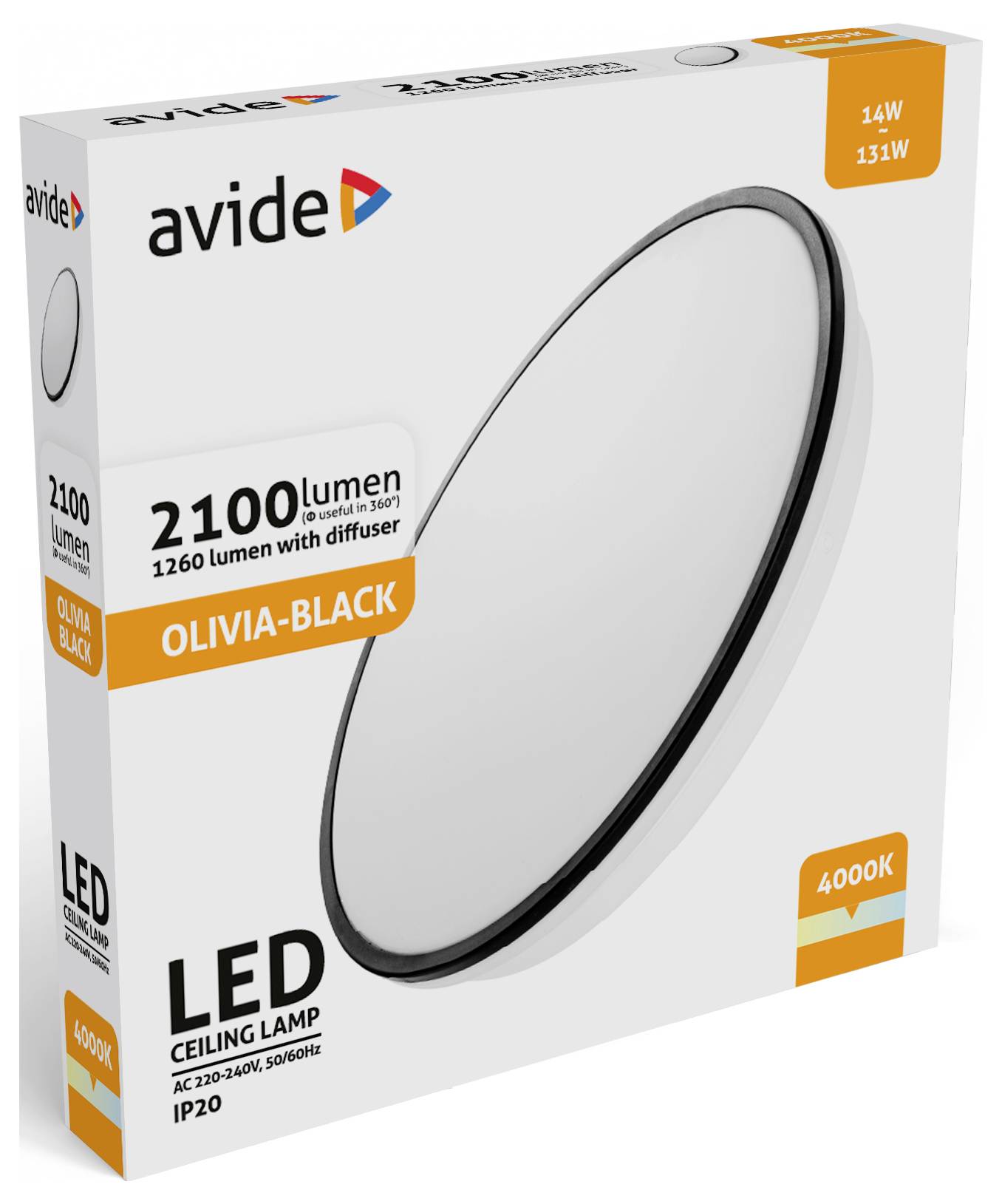 'Avide LED-Deckenlampe, Olivia-Schwarz, 2100 Lumen, 14W, 4000K, IP20, AC 220-240V, 50/60Hz' in weißer Verpackung.