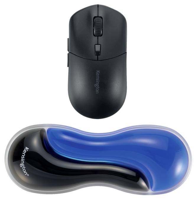 Eine schwarze kabellose Computermaus und eine ergonomische blaue Handgelenkauflage mit der Markenbezeichnung 'Kensington' sind abgebildet.