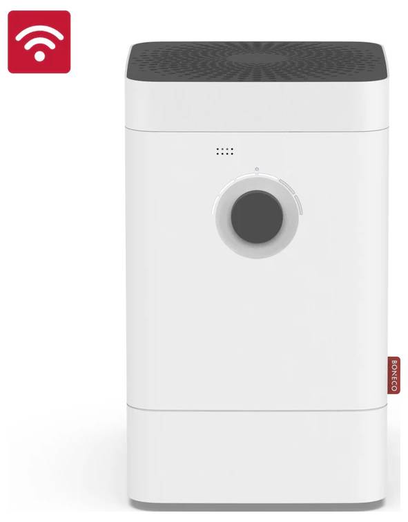 Ein weißer smarter Luftreiniger mit einem zentralen Bedienknopf und einem WLAN-Symbol, das die Konnektivität anzeigt.