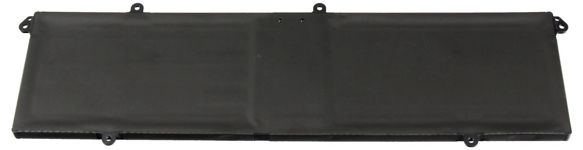 Ein rechteckiger schwarzer Laptop-Akku mit vier Befestigungslöchern und einer glatten Oberfläche ist abgebildet.
