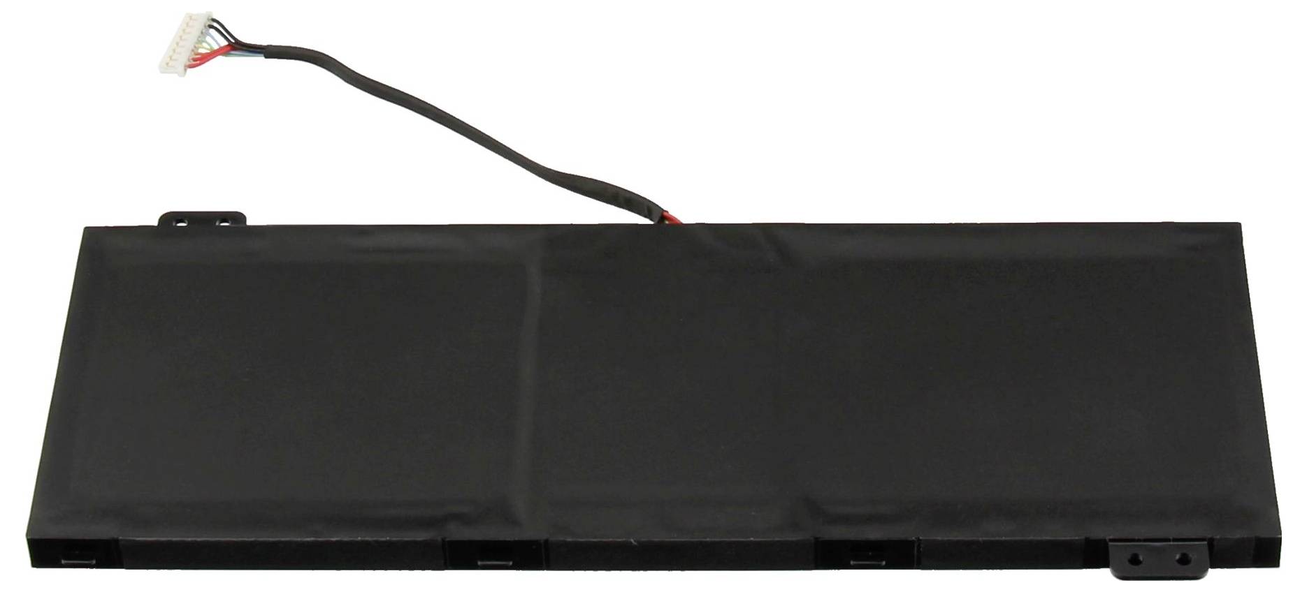 Eine rechteckige schwarze Laptop-Batterie mit einem Anschlusskabel und Stecker, die von oben herausragen.