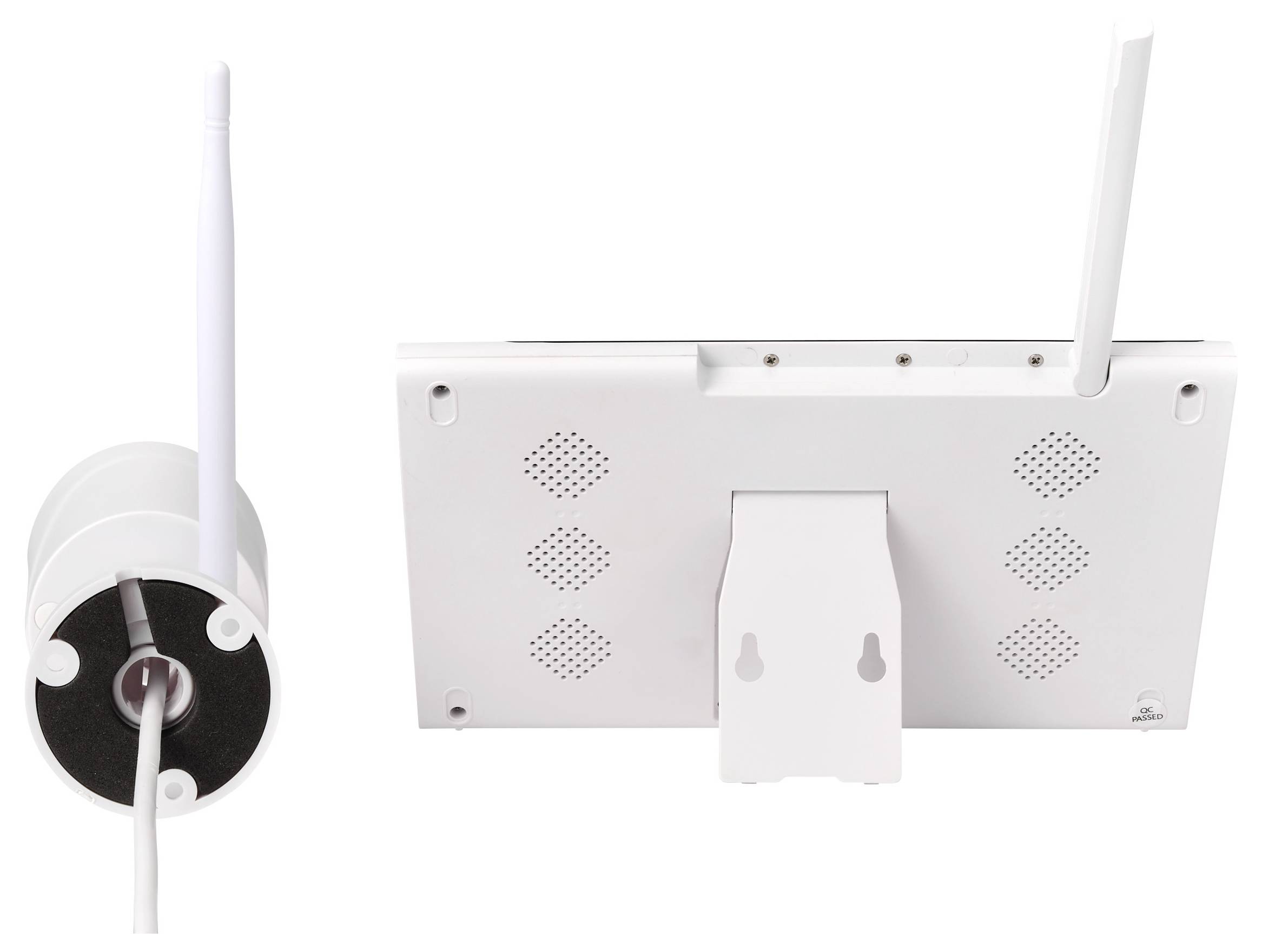 Weiße drahtlose Sicherheitskamera mit Antenne, Vorder- und Rückseite gezeigt, inklusive Montagebracket und Anschlüsse.