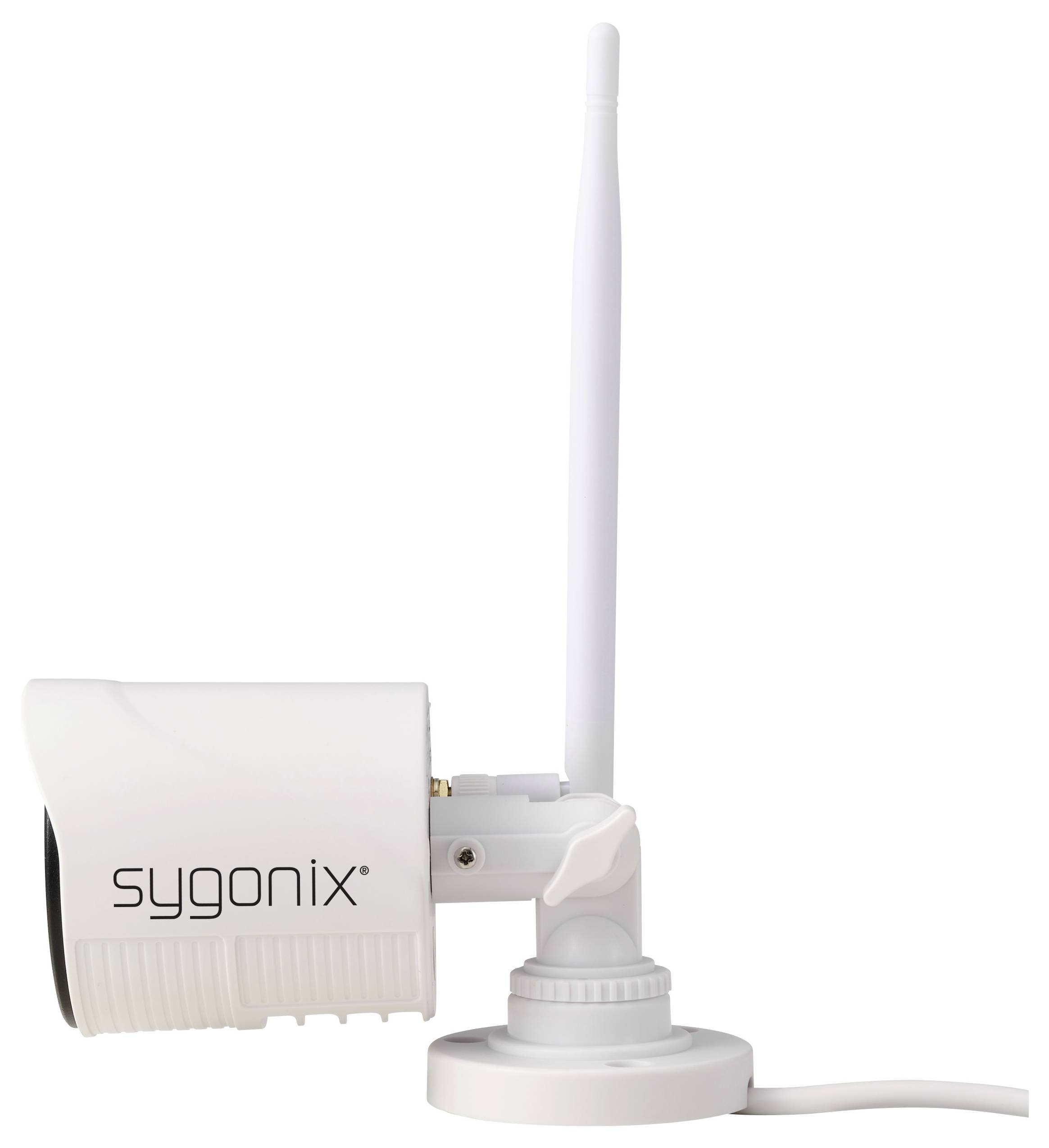 Weiße Sygonix-Funküberwachungskamera mit hoher Antenne auf einem Ständer, gezeigt vor einem einfachen Hintergrund.