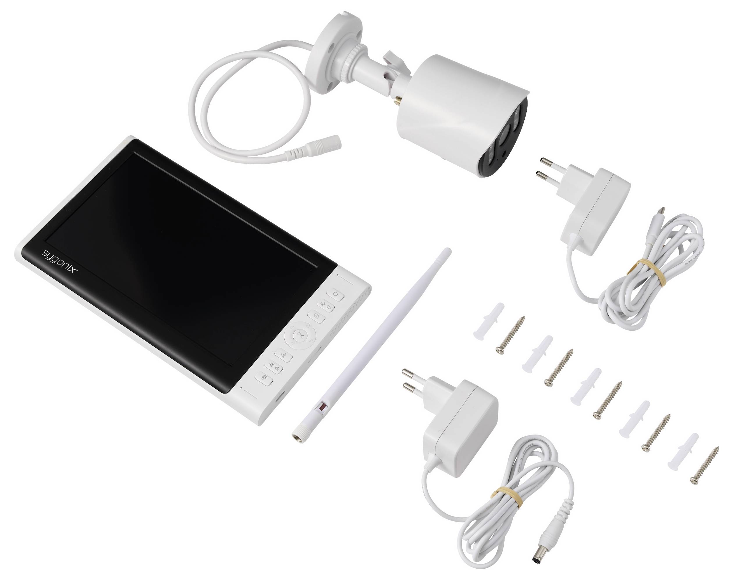 Kabelloses Video-Türsprechanlage-Set mit Innenmonitor, Kamera, Stift-Fernbedienung, Netzteilen, Kabeln und Befestigungsschrauben.