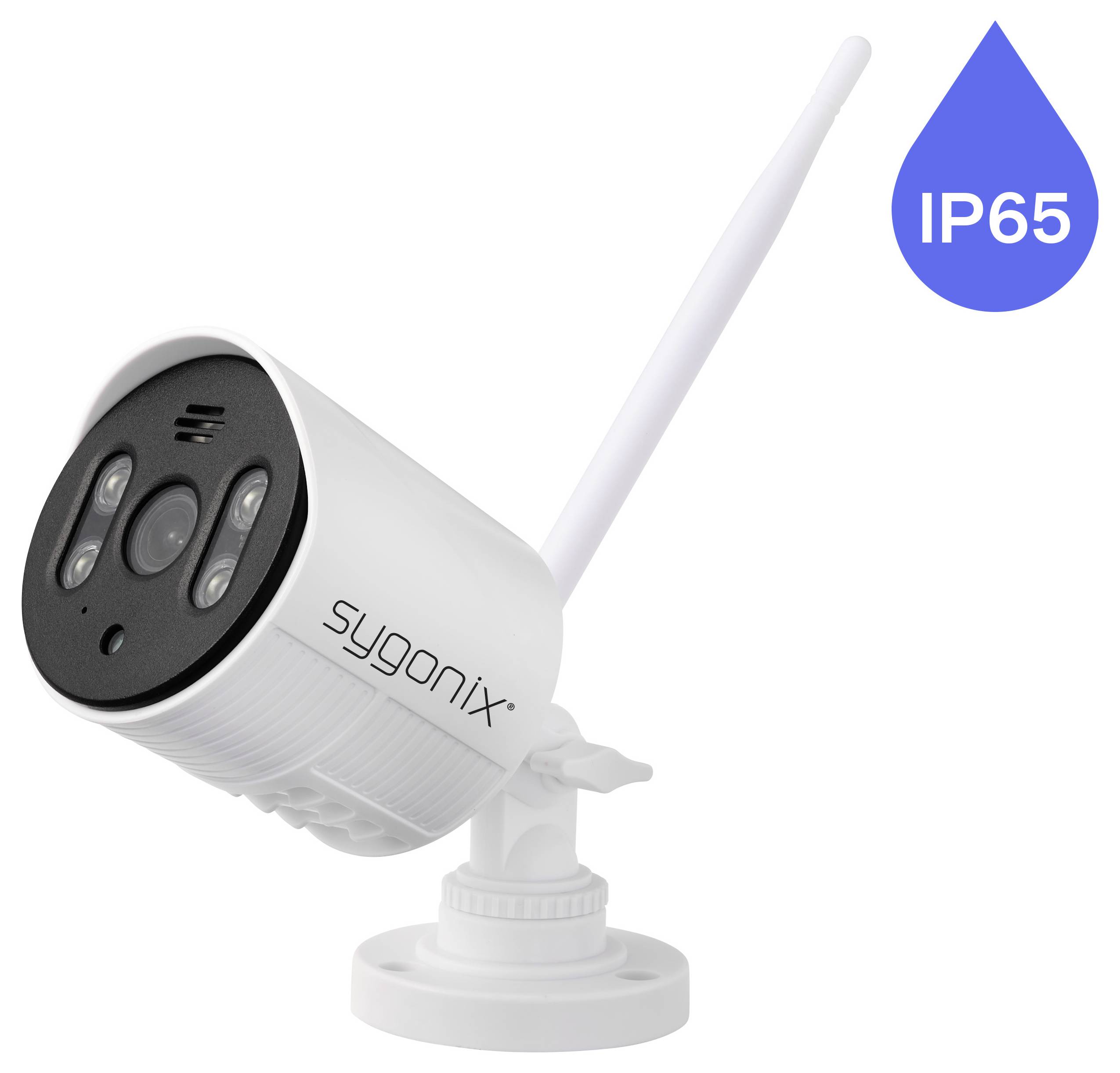 Weiße kabellose Sygonix Sicherheitskamera mit Antenne auf Ständer, gekennzeichnet mit IP65 für Wetterschutz.