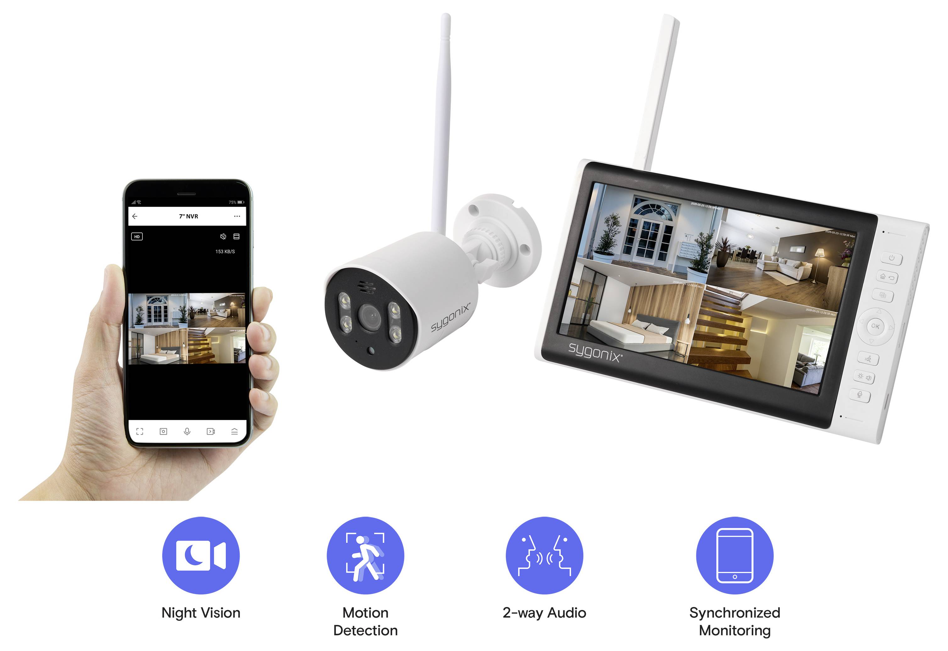 Drahtloses Sicherheitskamerasystem mit Telefon-App und Innenmonitor, mit Nachtsicht, Bewegungserkennung, bidirektionalem Audio und synchronisierter Überwachung.