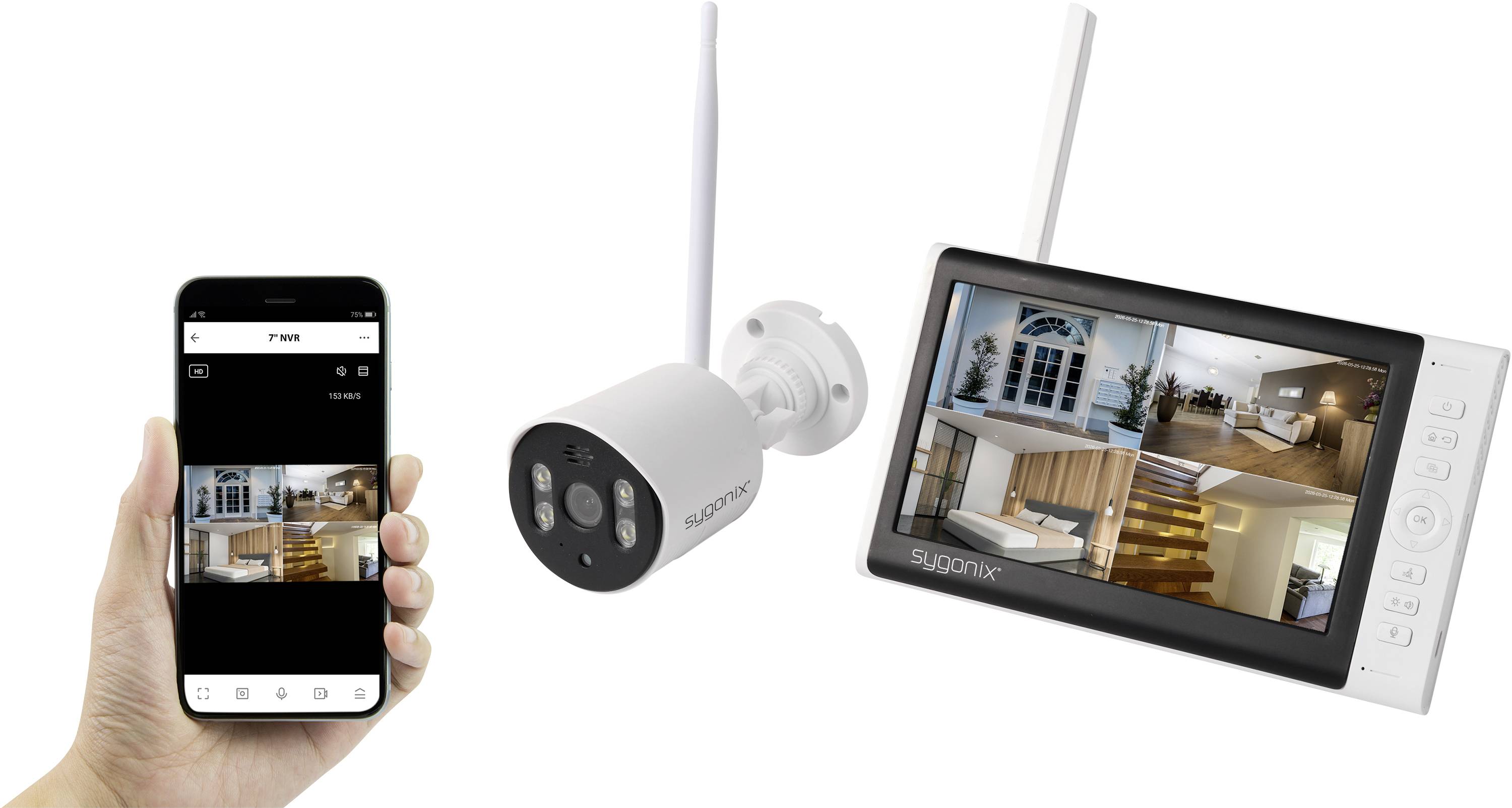 Sicherheitskamerasystem mit einer Smartphone-App und einem Indoor-Monitor, die Live-Überwachungsfeeds für die Heimüberwachung anzeigen.