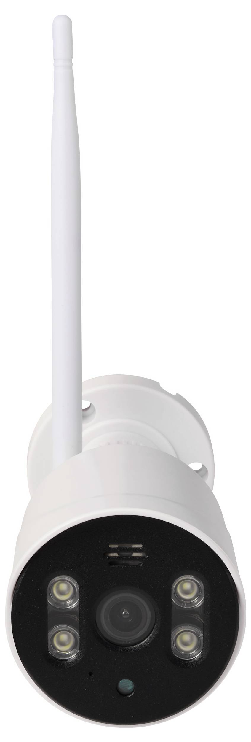 Weiße kabellose Sicherheitskamera mit einer langen Antenne, runder schwarzer Frontlinse und LED-Leuchten, vor einem einfachen weißen Hintergrund dargestellt.