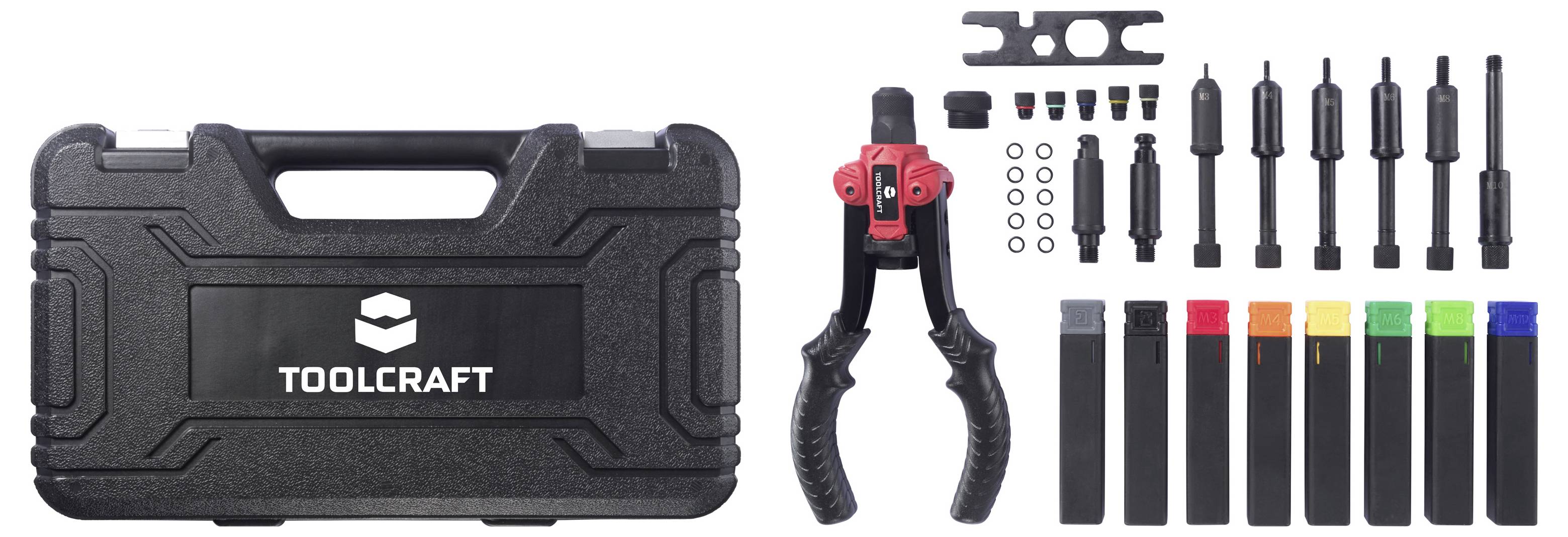 Das 'TOOLCRAFT' Werkzeugset mit Koffer beinhaltet Zangen, verschiedene Aufsätze und farbige Marker. Ideal für Automobil- oder Mechanikarbeiten.