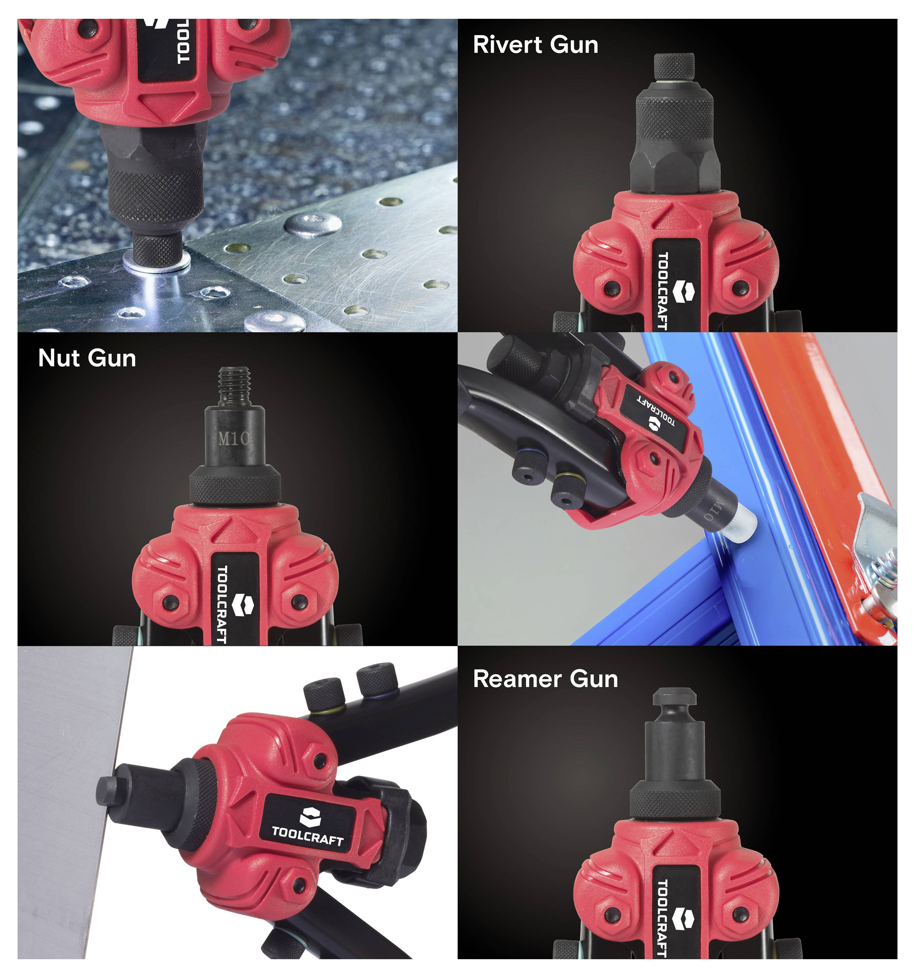 Bild zeigt vier rote und schwarze Werkzeuge mit der Beschriftung: 'Nietzange', 'Mutternzange', 'Toolcraft' und 'Reibahle', die für verschiedene Befestigungsaufgaben verwendet werden.