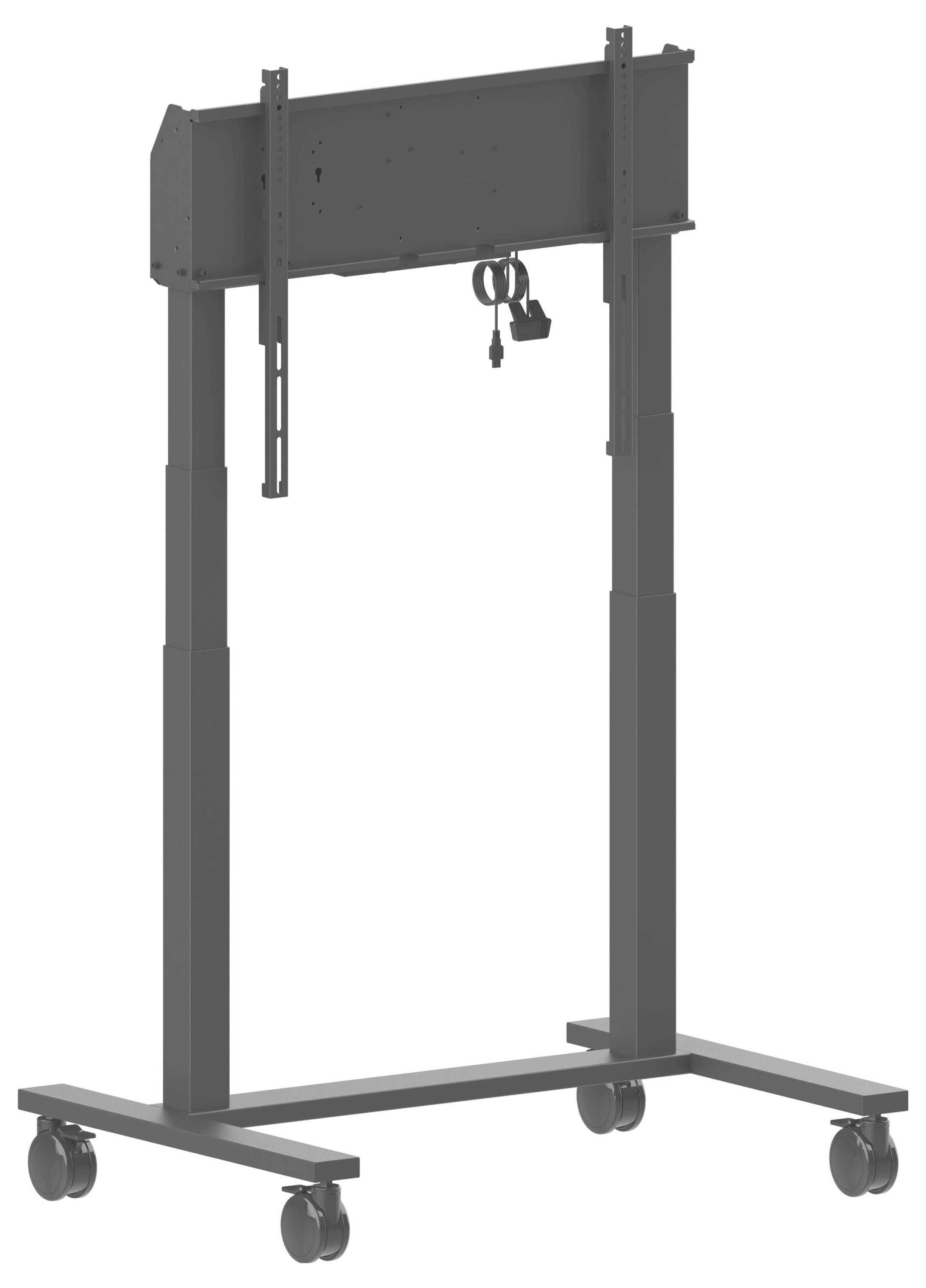Ein mobiler TV-Ständer mit verstellbarer Höhe, Metallrahmen und vier Rollen für einfache Beweglichkeit. Zwei Kabel hängen von der Halterung herab.
