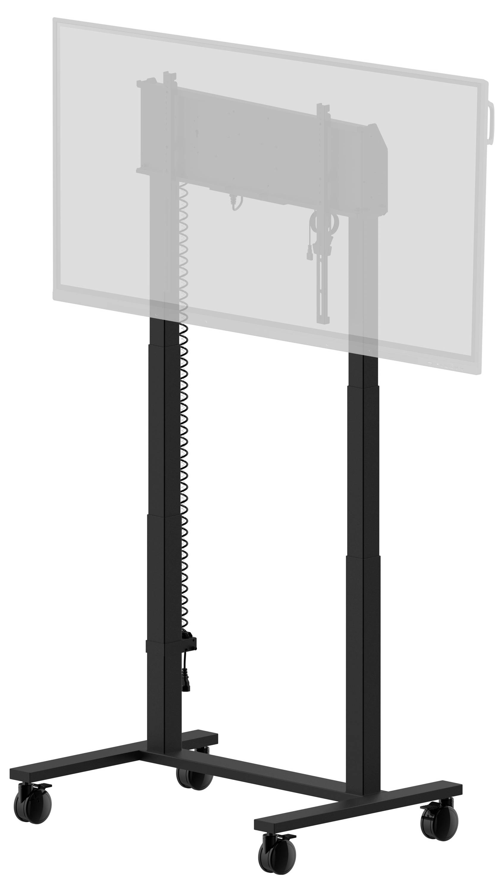 Mobiler TV-Ständer auf Rollen, ausgestattet mit einem stabilen Rahmen und verstellbaren Halterungen für verschiedene Bildschirmgrößen. Inklusive Kabelmanagement-System.