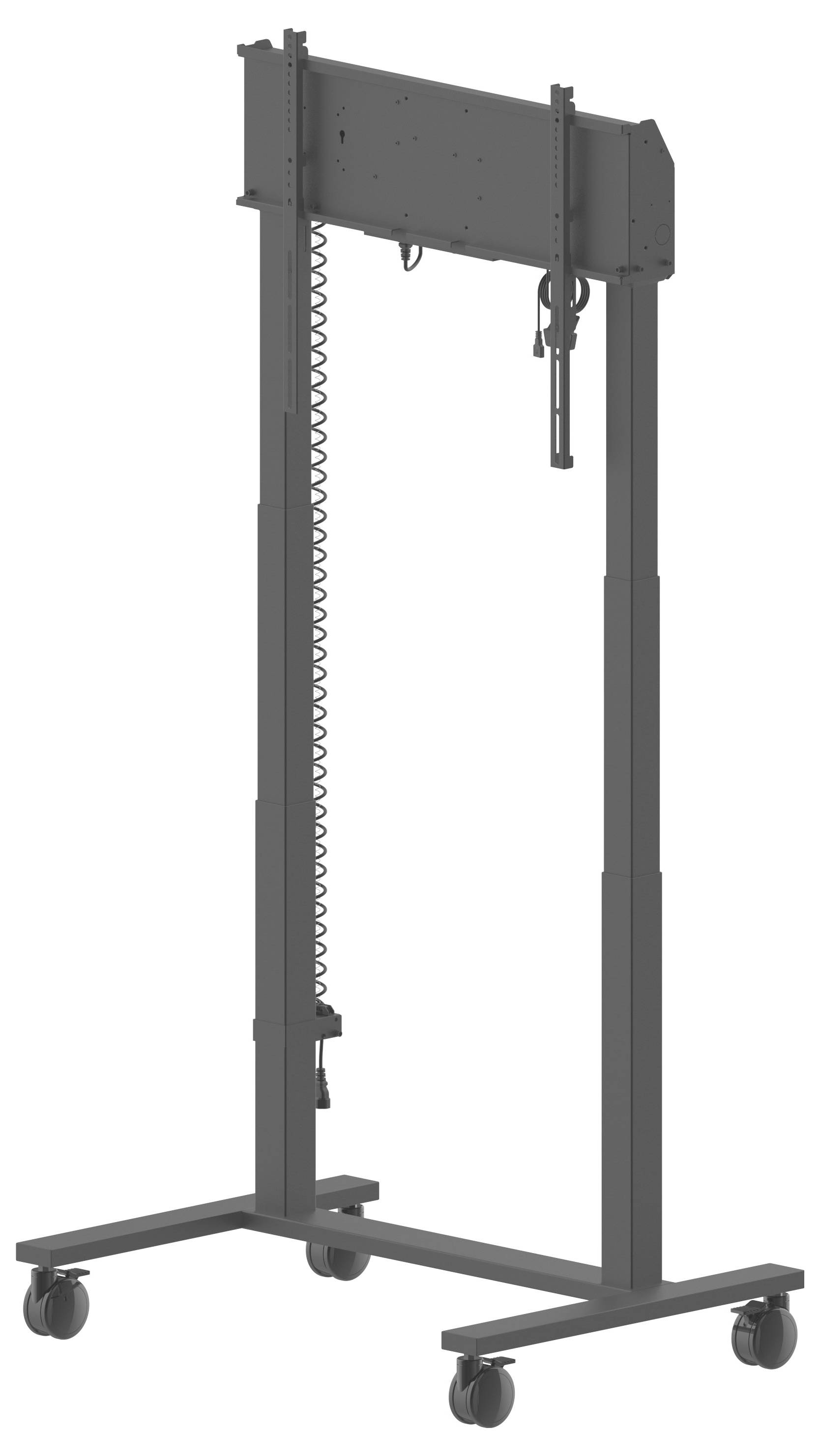 Mobiler Ständer mit Rollen, höhenverstellbar; geeignet zum Befestigen von Geräten oder Displays.