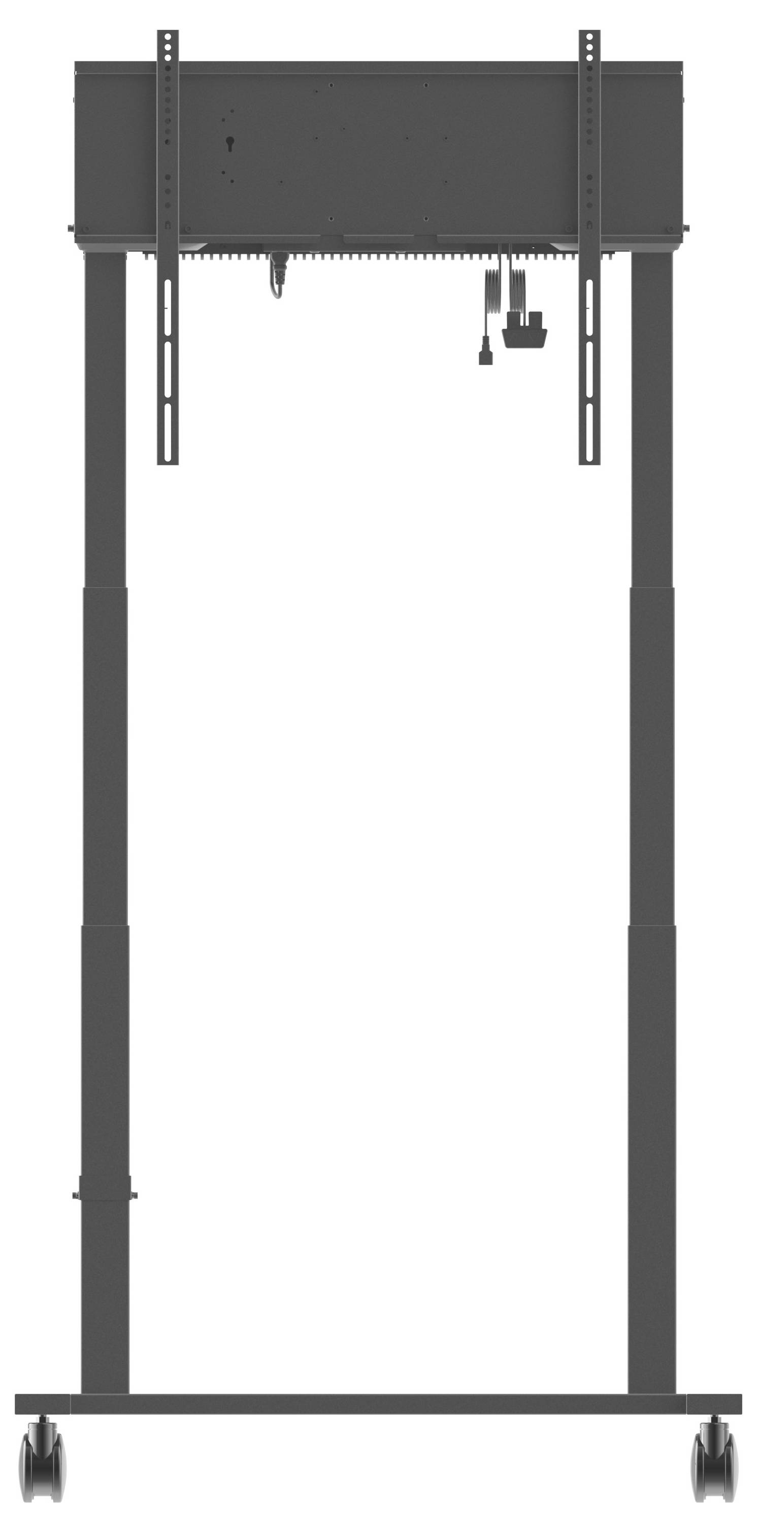 Ein dunkler, höhenverstellbarer Ständer auf Rollen, der für die Unterstützung großer Bildschirme oder Monitore konzipiert ist. Er enthält Netzkabel für elektronische Verbindungen.