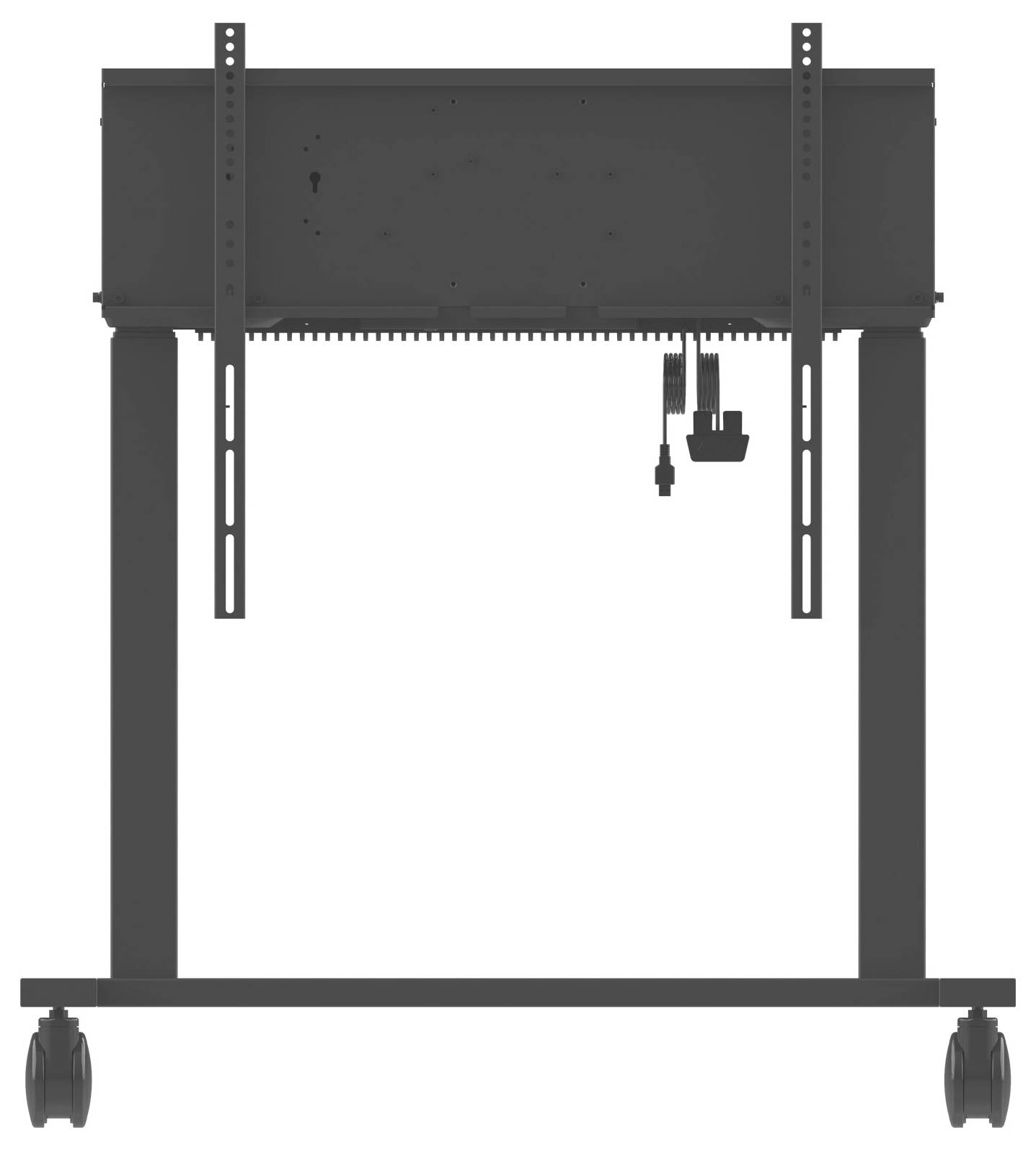 Ein schwarzer, rechteckiger Metallrahmenständer mit Rädern und einem verstellbaren Halterungsmechanismus in der Mitte, von vorne betrachtet.