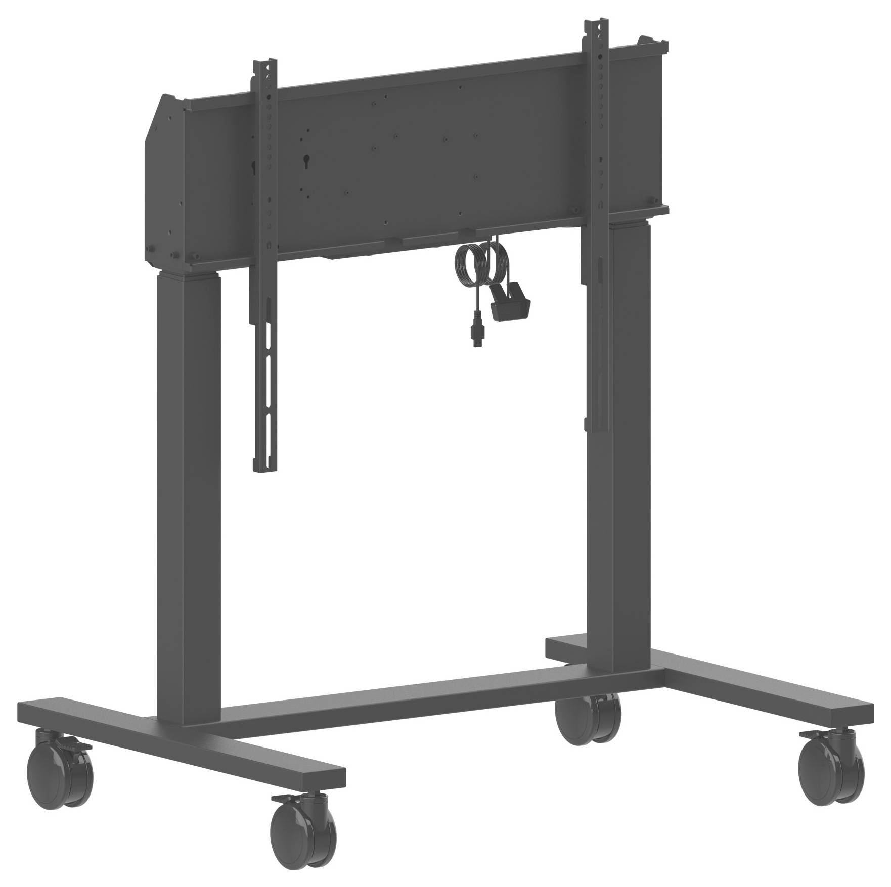 Höhenverstellbarer Schreibtischrahmen mit Rollen und Kabelverwaltungshaken, geeignet für Büro oder Heimgebrauch.