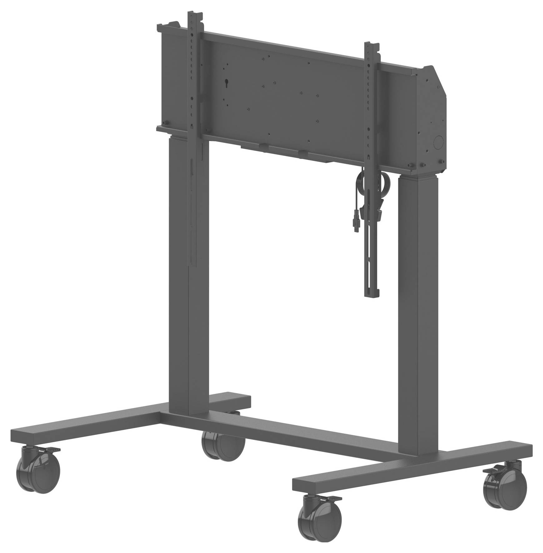 Fahrbarer Wagen-Unterbau zur Ausrüstungsmontage, ausgestattet mit vier Rädern und einem robusten Rahmen. Geeignet für Mobilitäts- und Unterstützungsbedürfnisse.