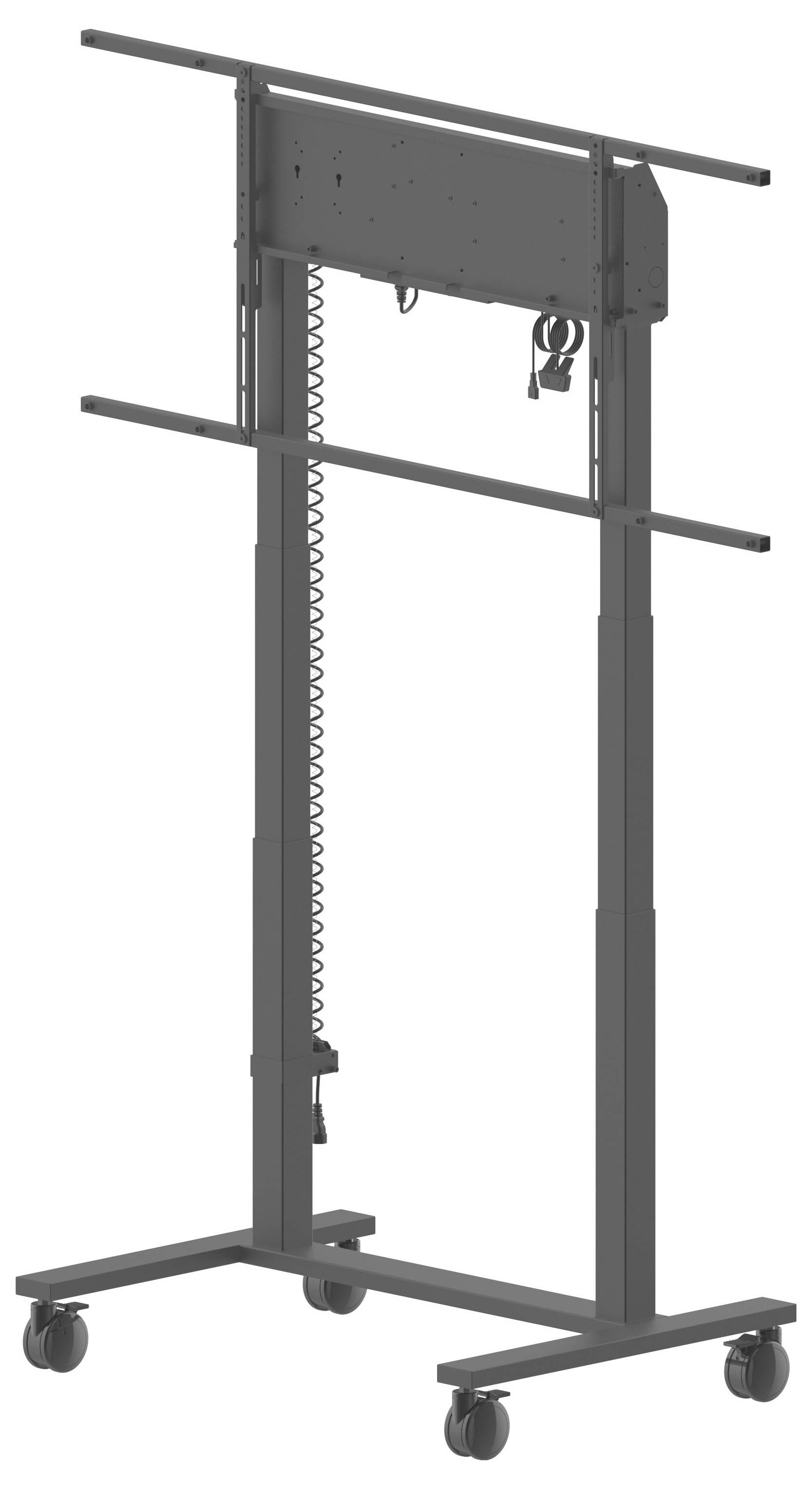 Ein mobiler TV-Ständer mit vertikaler Konstruktion, Metallrahmen und montierten Rollen. Er verfügt über eine höhenverstellbare Konstruktion und ein integriertes Kabelmanagementsystem.