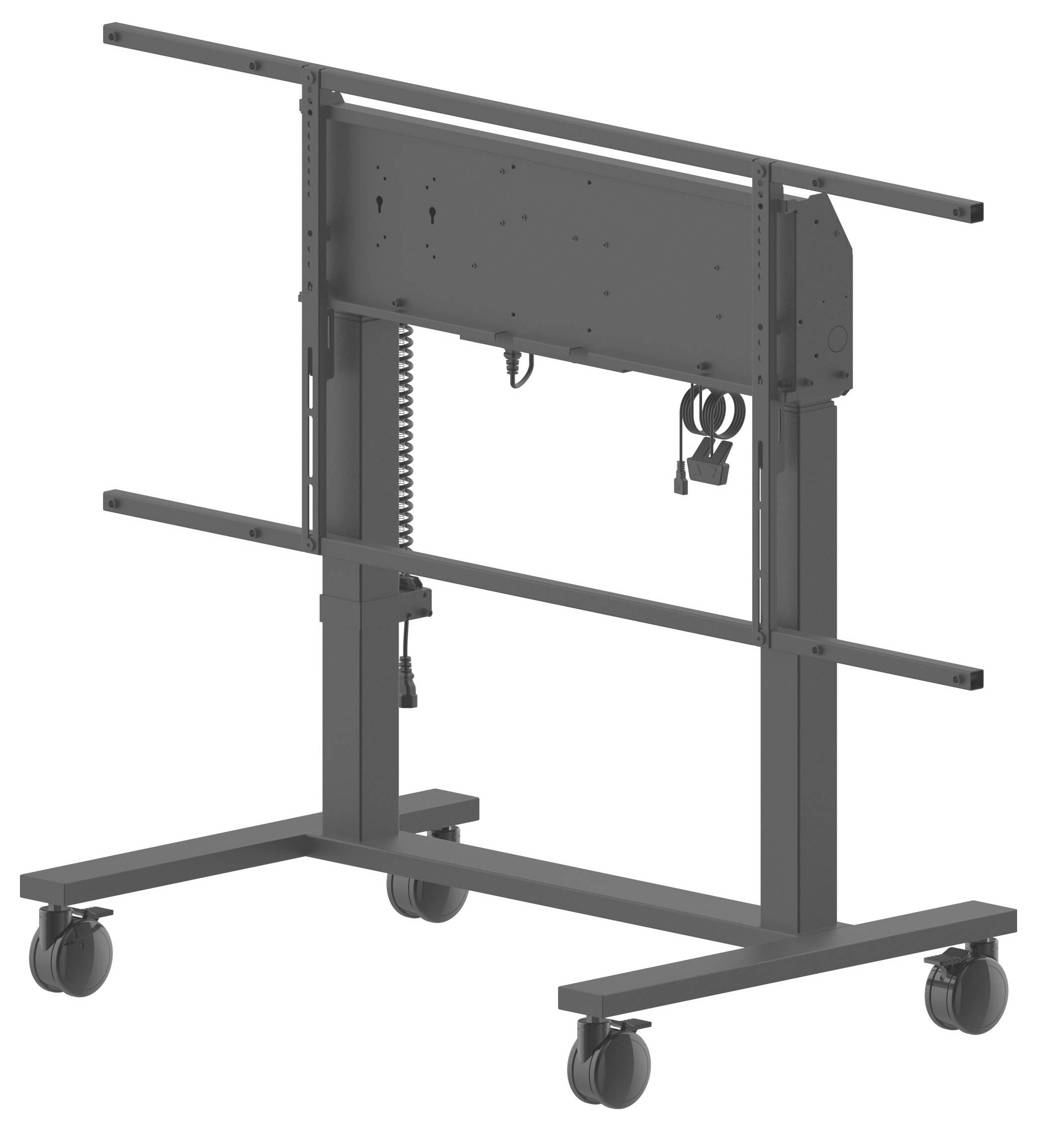 Ein Metall-TV- oder Monitorständer auf Rollen mit verstellbaren Befestigungshalterungen und einem Kabelmanagementsystem.