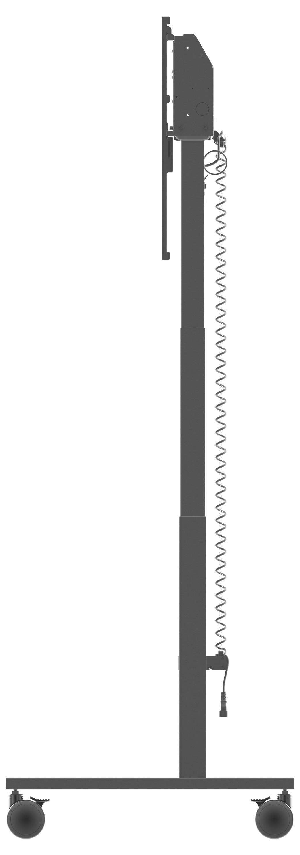 Ein vertikaler Ständer mit Rollen, der ein elektronisches Gerät mit einer spiralförmig gewickelten Kabel trägt, aus Seitenansicht betrachtet.