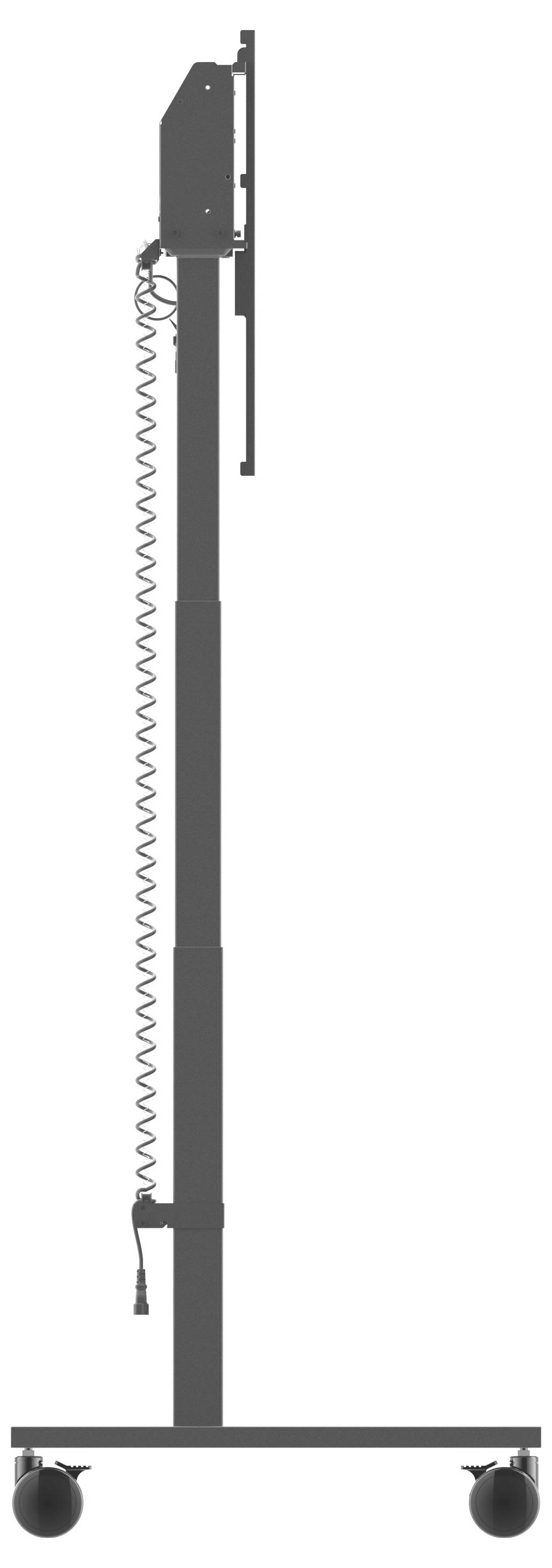 Seitenansicht eines mobilen Ständers mit verstellbarer Höhe, montiert auf Rollen und ausgestattet mit einem gewickelten Kabel für Konnektivität oder Stromversorgung.