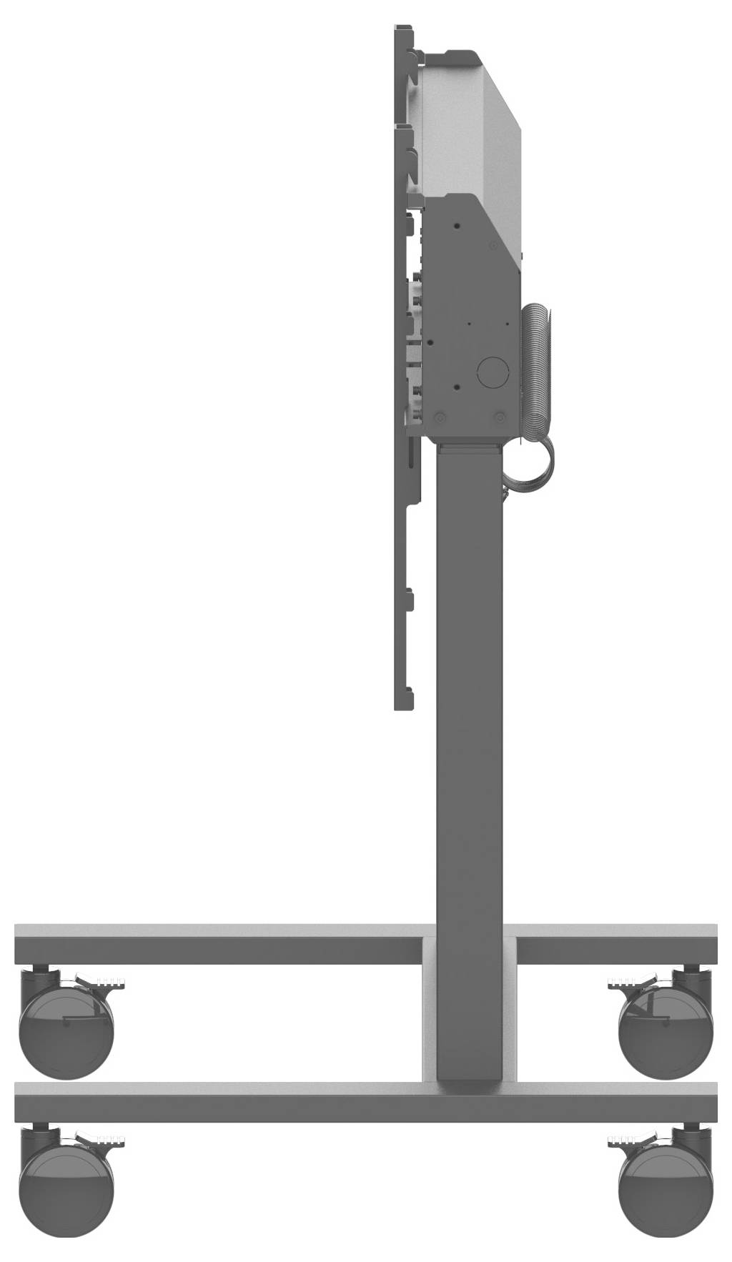 Eine Seitenansicht eines Flachbildschirms, der auf einem mobilen Ständer mit vier Laufrollen montiert ist.