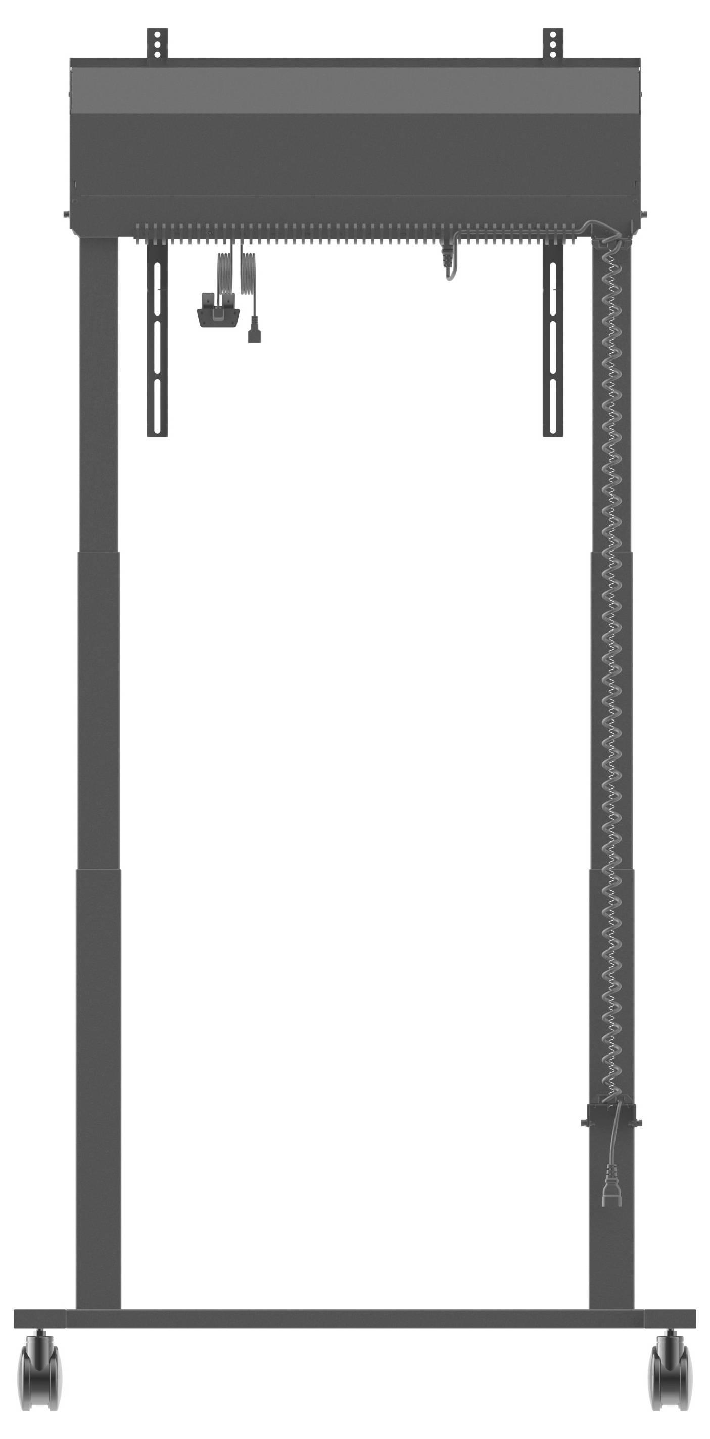 Graue industrielle Hebemaschine mit Rädern und ausfahrbaren Beinen, entwickelt für schwere Hebarbeiten in Bau- oder Fertigungsumgebungen.