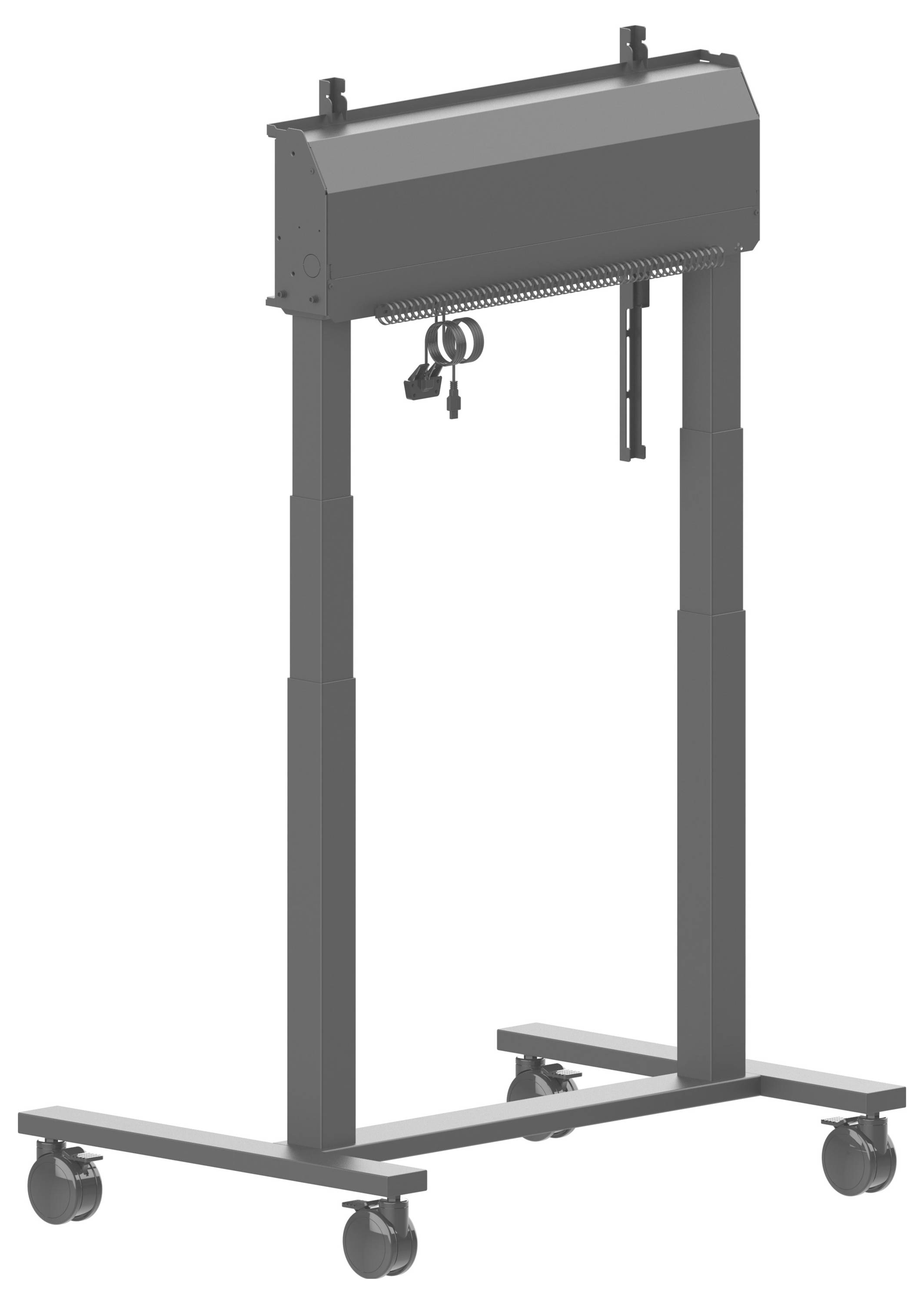 Höhenverstellbarer Rollständer mit Aufhängestange und Schlüsseln; zum Halten oder Transportieren von Ausrüstung.