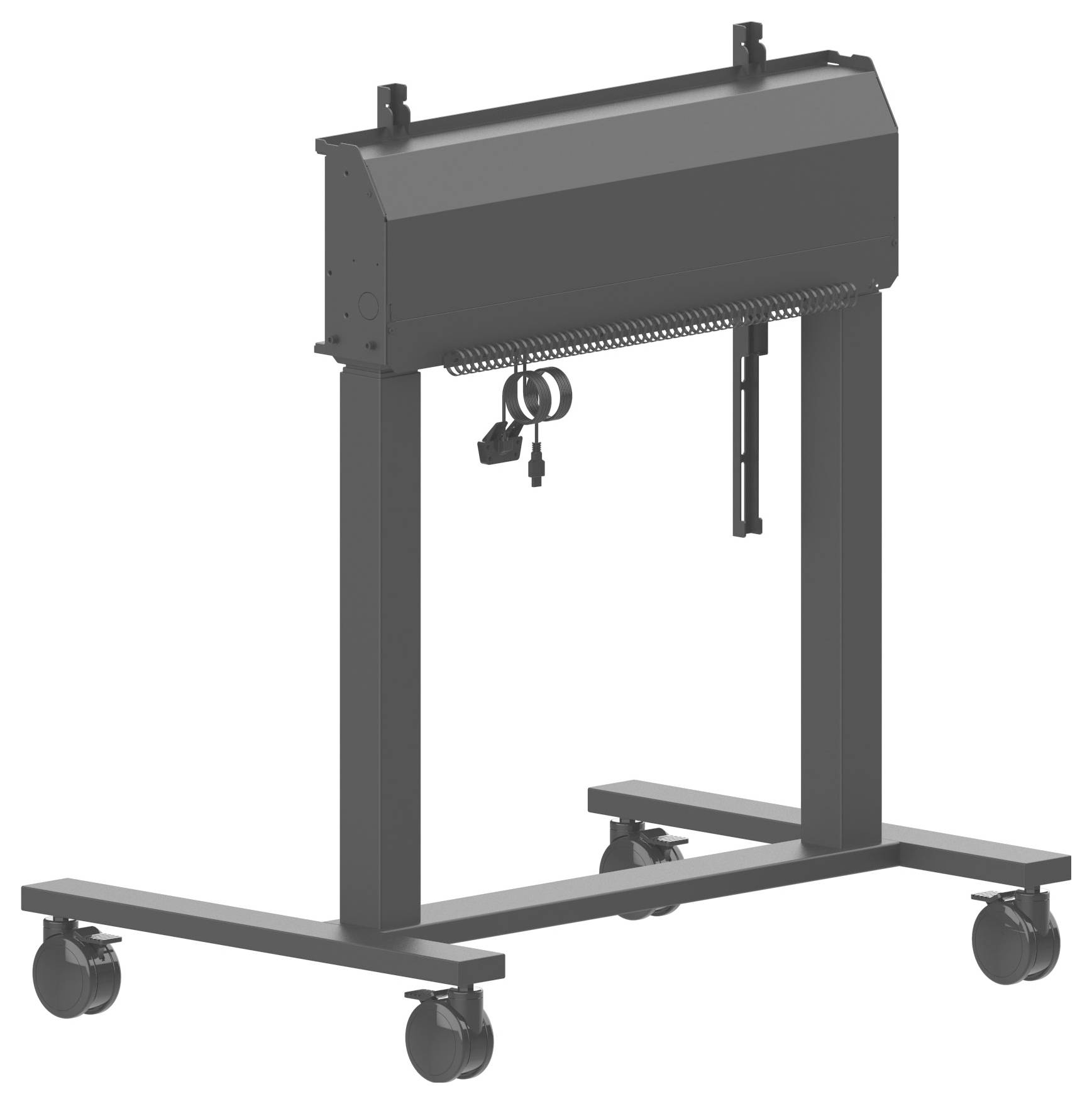Ein mobiler Bodenständer mit vier Rollen, der einen neigbaren Rahmen zur Montage von Ausrüstung trägt und unter dem ein herabhängendes Kabel angebracht ist.