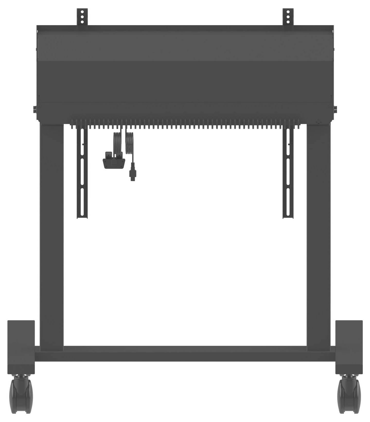 Ein schwarzer, fahrbarer vertikaler Hubtisch mit einem Griff zur Höhenverstellung, von vorne betrachtet.