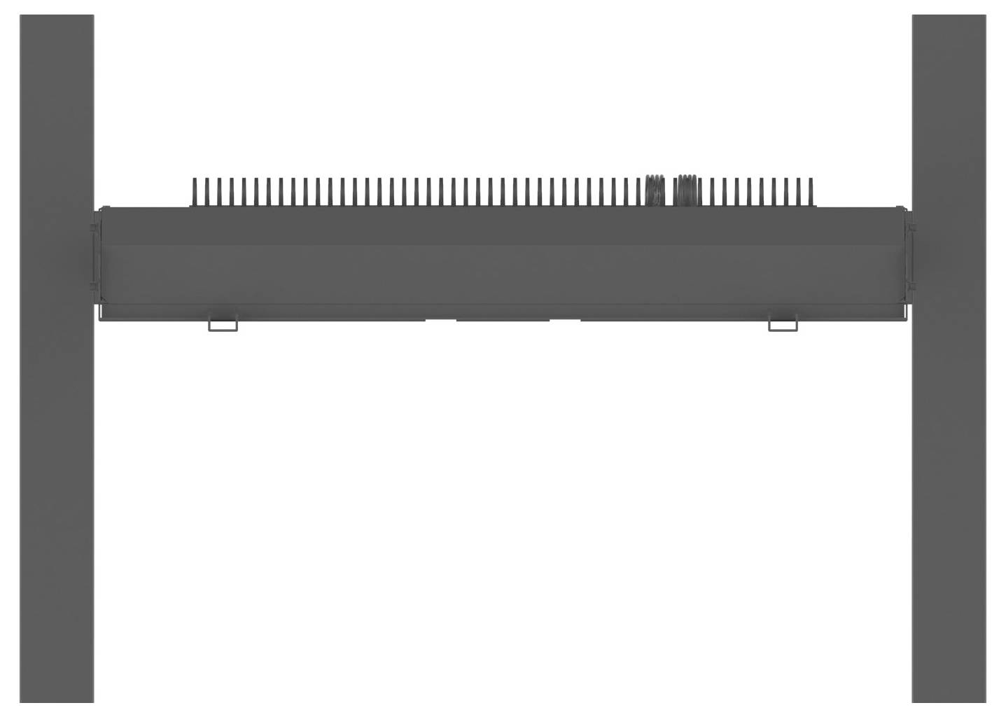 Ein horizontales, rechteckiges schwarzes Gerät mit zwei vertikalen Stützen an beiden Seiten, das eine Reihe von Kühlrippen an der Oberseite zur Wärmeableitung besitzt.