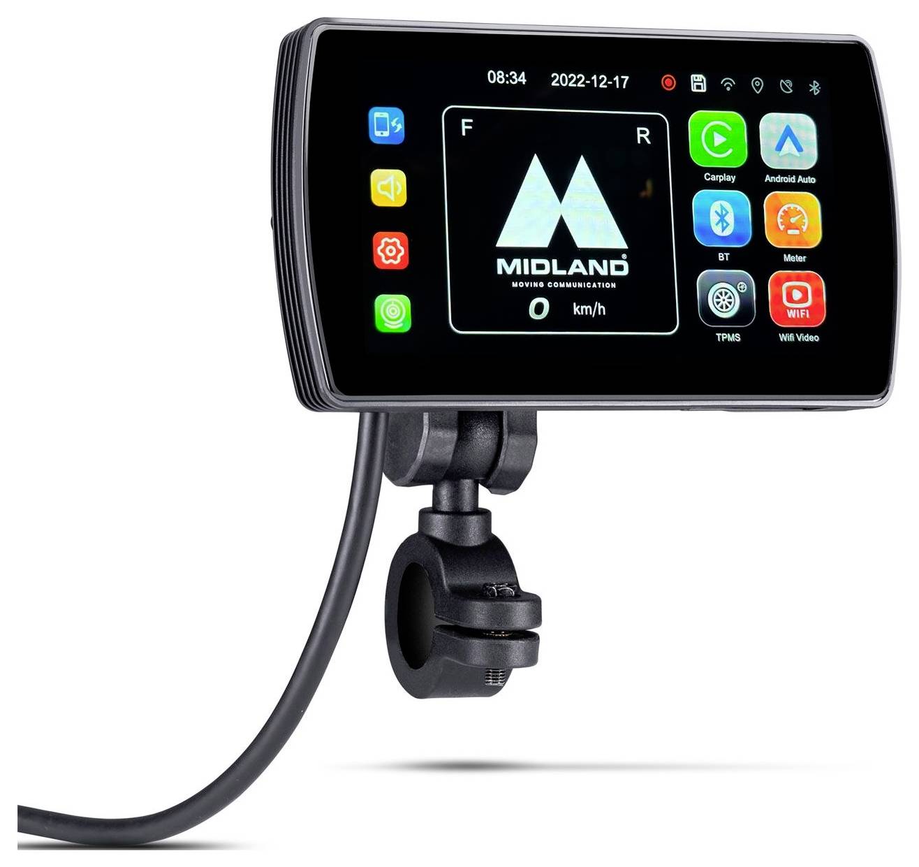 Ein digitales Gerät mit einem Bildschirm, auf dem das Midland-Logo zu sehen ist. Symbole für verschiedene Apps umgeben das Gerät. Das Gerät ist an einer Klemmhalterung befestigt.