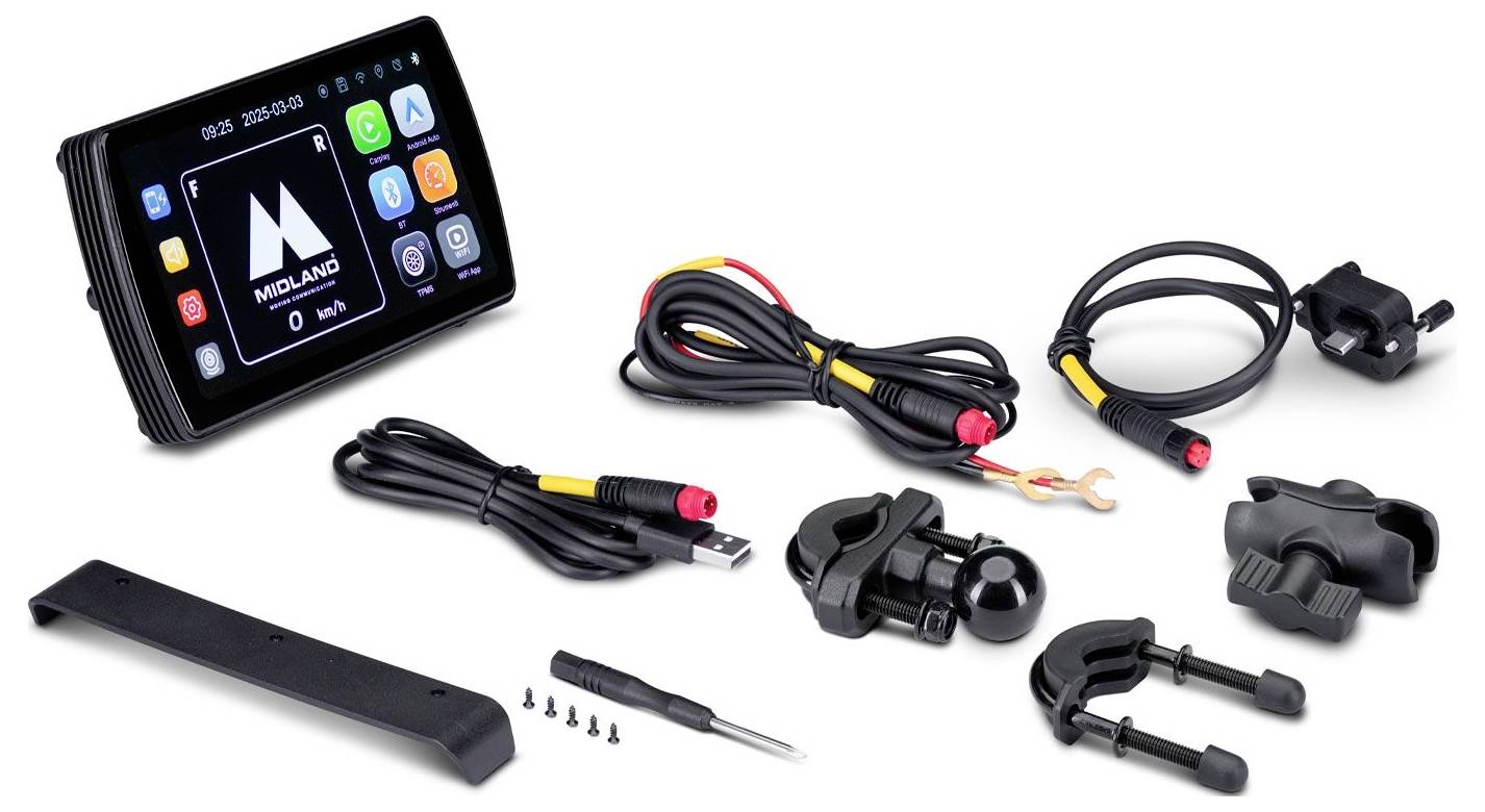 Ein GPS-Gerät mit Bildschirmanzeige, auf der das 'MIDLAND' Logo zu sehen ist, umgeben von verschiedenen Kabeln, Halterungen und einem USB-Kabel für Installation oder Verwendung.