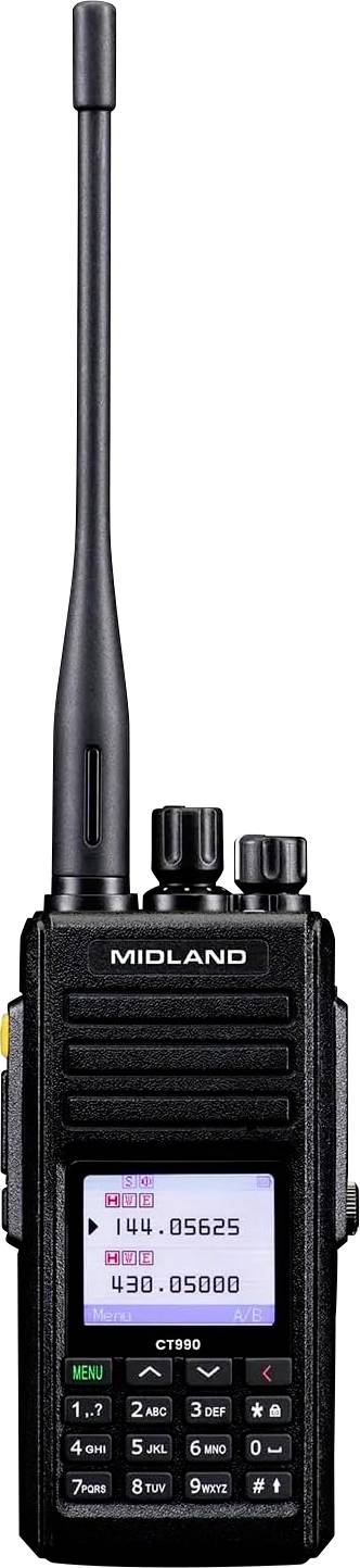 Ein schwarzes Midland-Walkie-Talkie mit einer Antenne; zeigt Frequenznummern auf einem digitalen Display und Steuerungstasten darunter.