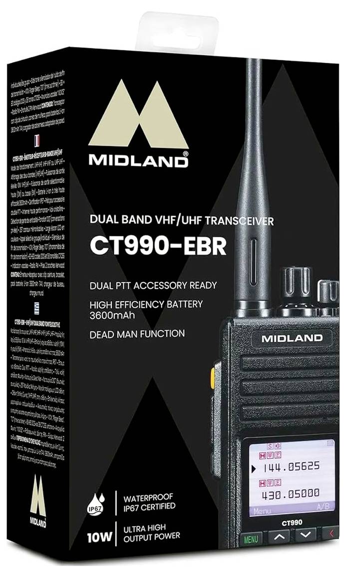 'Midland CT990-EBR' Dual-Band-VHF/UHF-Transceiver-Paket mit Funktionen wie Dual-PTT, 3600-mAh-Akku und wasserdichter Konstruktion.