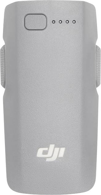 Eine graue Drohnen-Batterie mit einer kleinen quadratischen Taste, vier LED-Indikatorleuchten und dem DJI-Logo am unteren Ende.