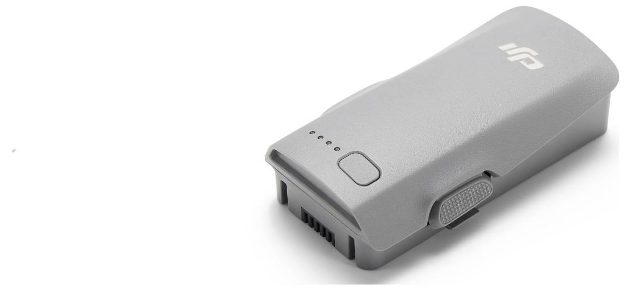 Eine graue Drohnenbatterie mit einem Logo oben drauf, ausgestattet mit einer LED-Stromanzeigeund einer Sicherheitssperre an der Seite.