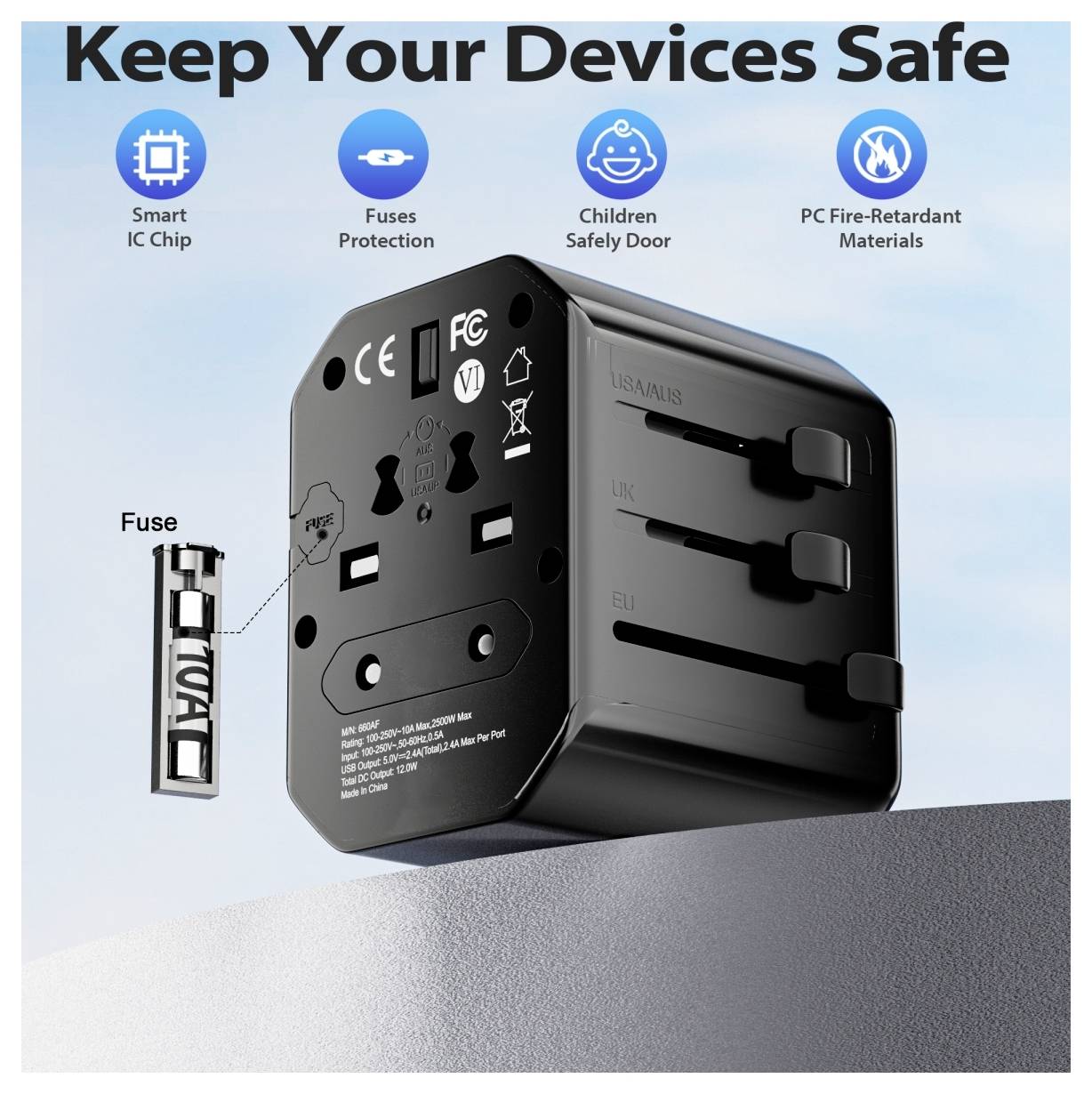 Ein universeller Reiseadapter, der die Steckerkompatibilität für verschiedene Länder demonstriert, mit Sicherheitsmerkmalen wie Sicherungschutz und feuerfesten Materialien.