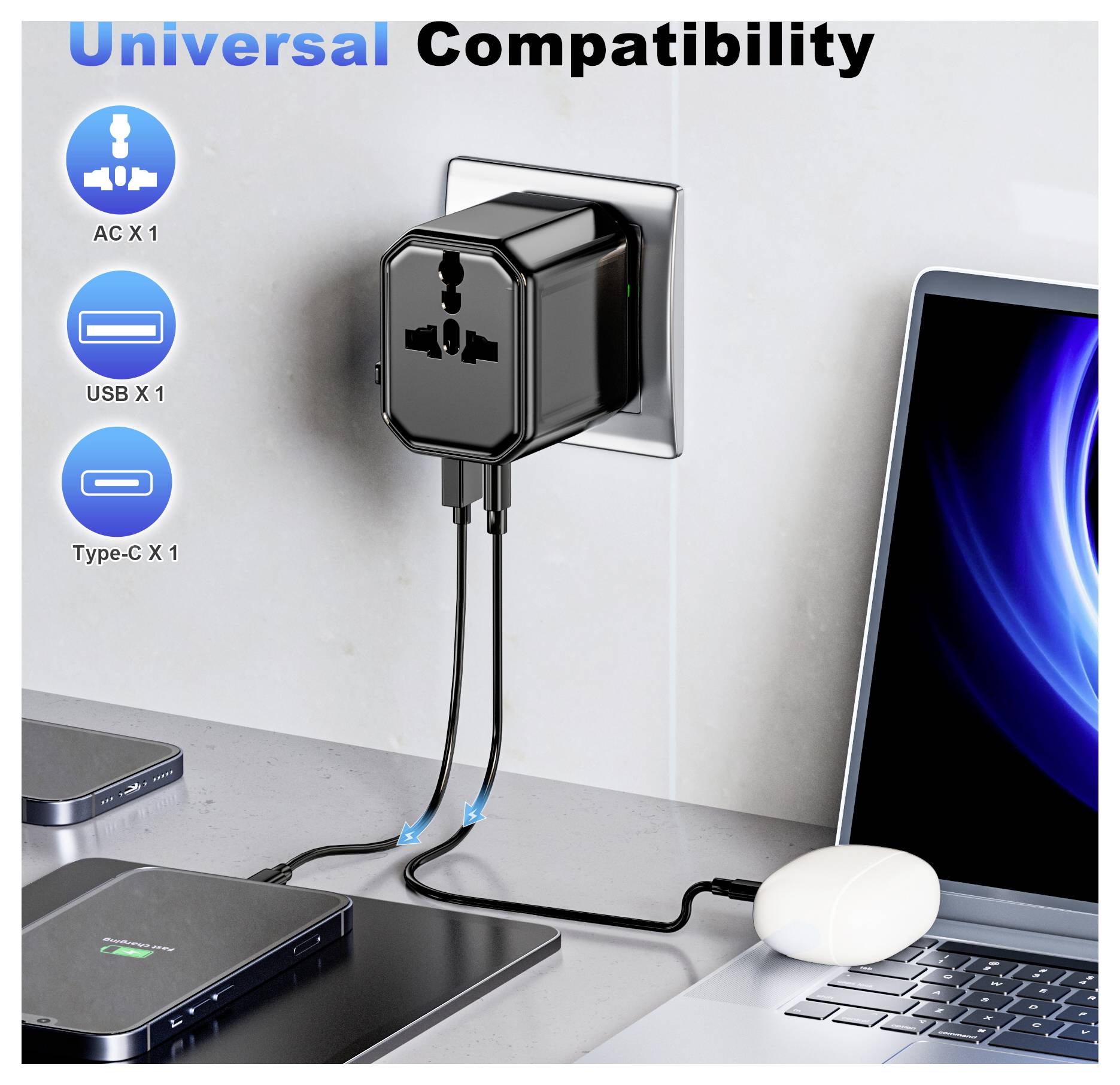 Ein Universal-Kompatibilitäts-Ladegerät, das mehrere Geräte lädt; umfasst AC-, USB- und Type-C-Anschlüsse, die mit Elektronikgeräten auf einem Schreibtisch verbunden sind.