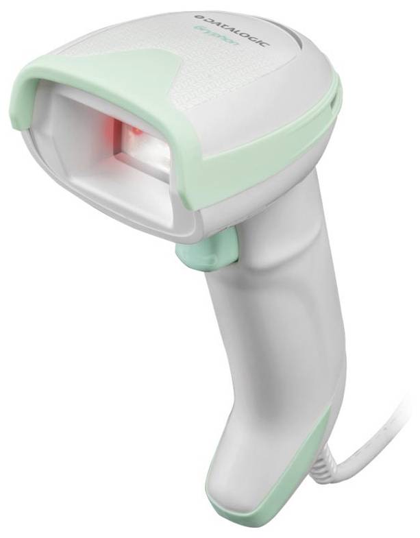 Ein tragbarer Barcode-Scanner mit einem weiß-mintgrünen Design, ausgestattet mit einem roten Scan-Licht, der typischerweise zum Lesen von Barcodes verwendet wird.