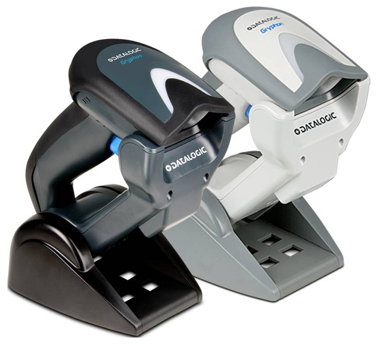 Zwei tragbare Barcode-Scanner auf Ladestationen, einer schwarz und einer grau, mit der Bezeichnung 'Datalogic Gryphon', geeignet für Einzelhandelsumgebungen.