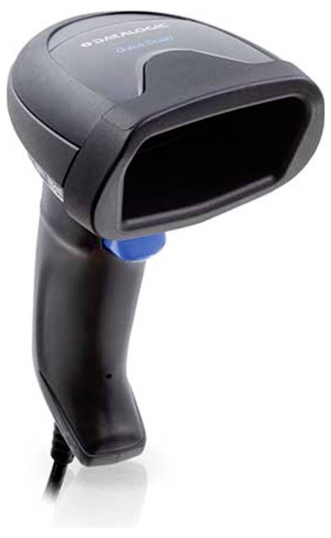 Ein tragbarer Barcode-Scanner mit schwarzem Gehäuse und blauer Taste, der zum Lesen von Barcodes für Inventur oder Verkaufsabwicklung verwendet wird.