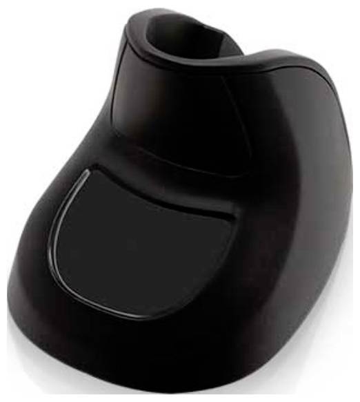 Ein schwarzer Rasiererladestander mit elegantem, kompaktem Design, der eine geschwungene, ergonomische Form besitzt, die sich ideal zum Halten und Laden des Geräts eignet.